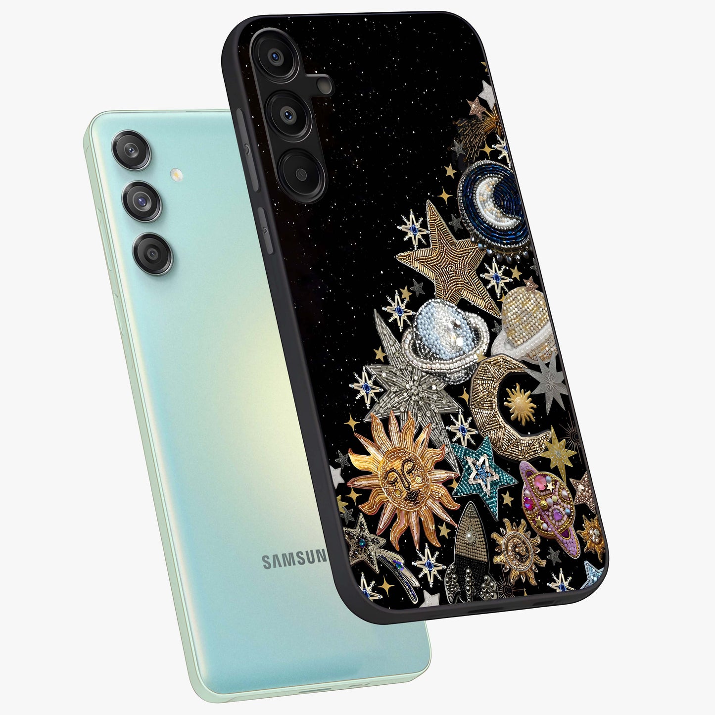 Cosmic Sparkle Dreams Glass Case displayed in angled mockup highlighting dreamy star sparkle design with celestial aesthetic.