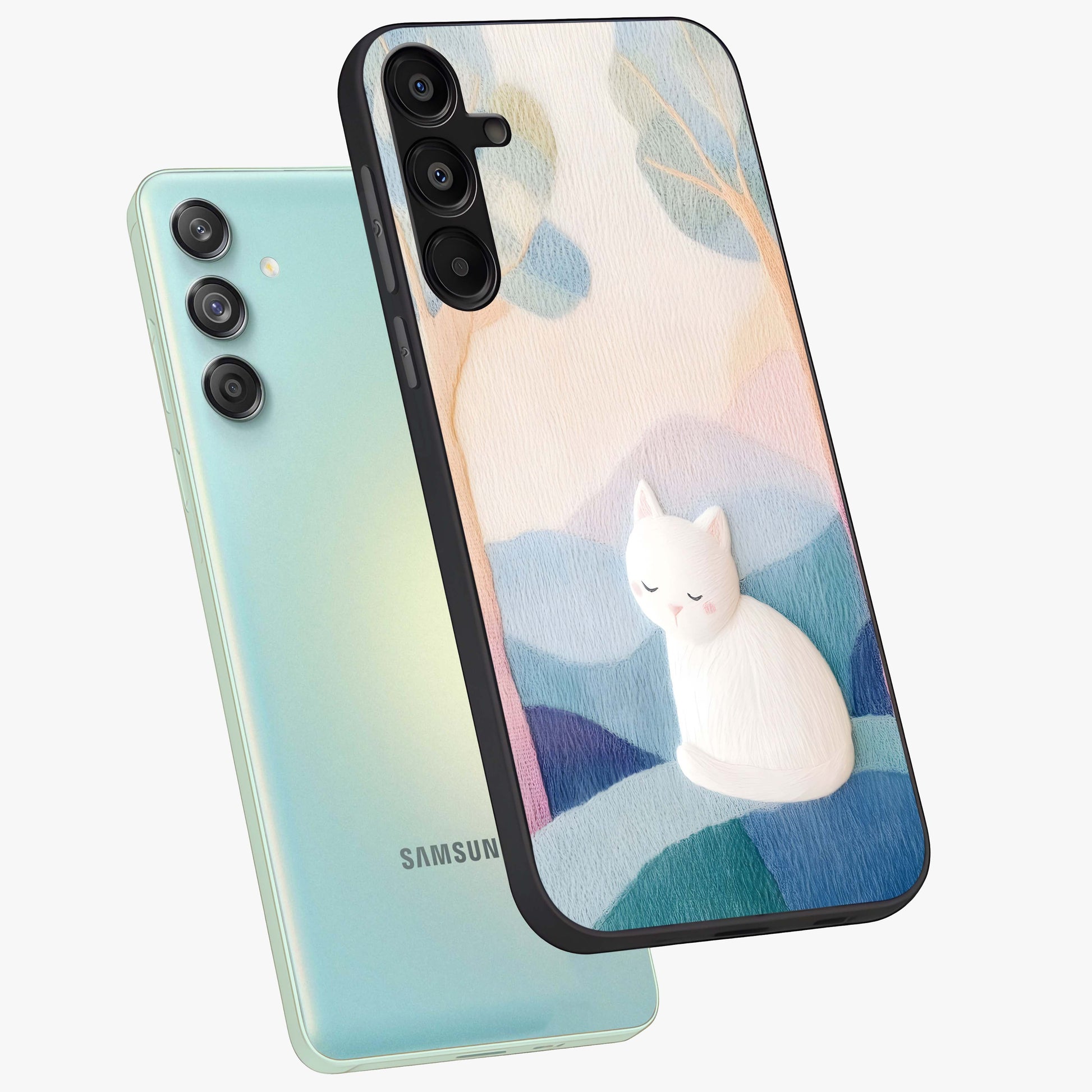 Cotton Dream Cat Glass Case displayed in angled mockup highlighting cute feline illustration with pastel aesthetic style.