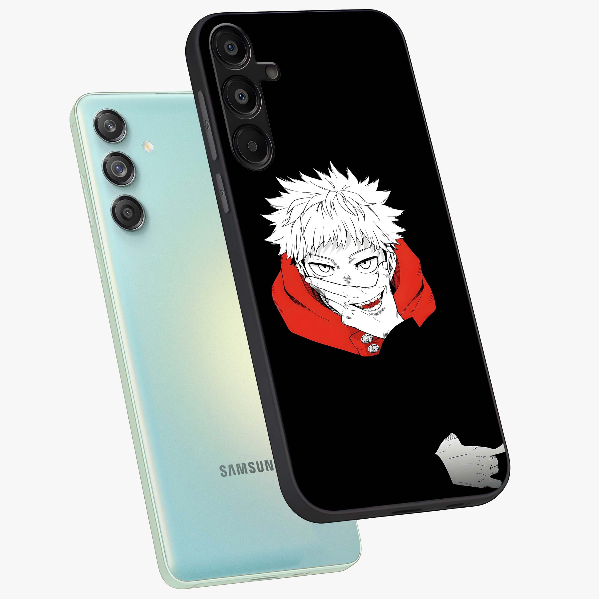 Crimson Chaos Smile Glass Case displayed in angled mockup highlighting edgy crimson smile design with graphic aesthetic.