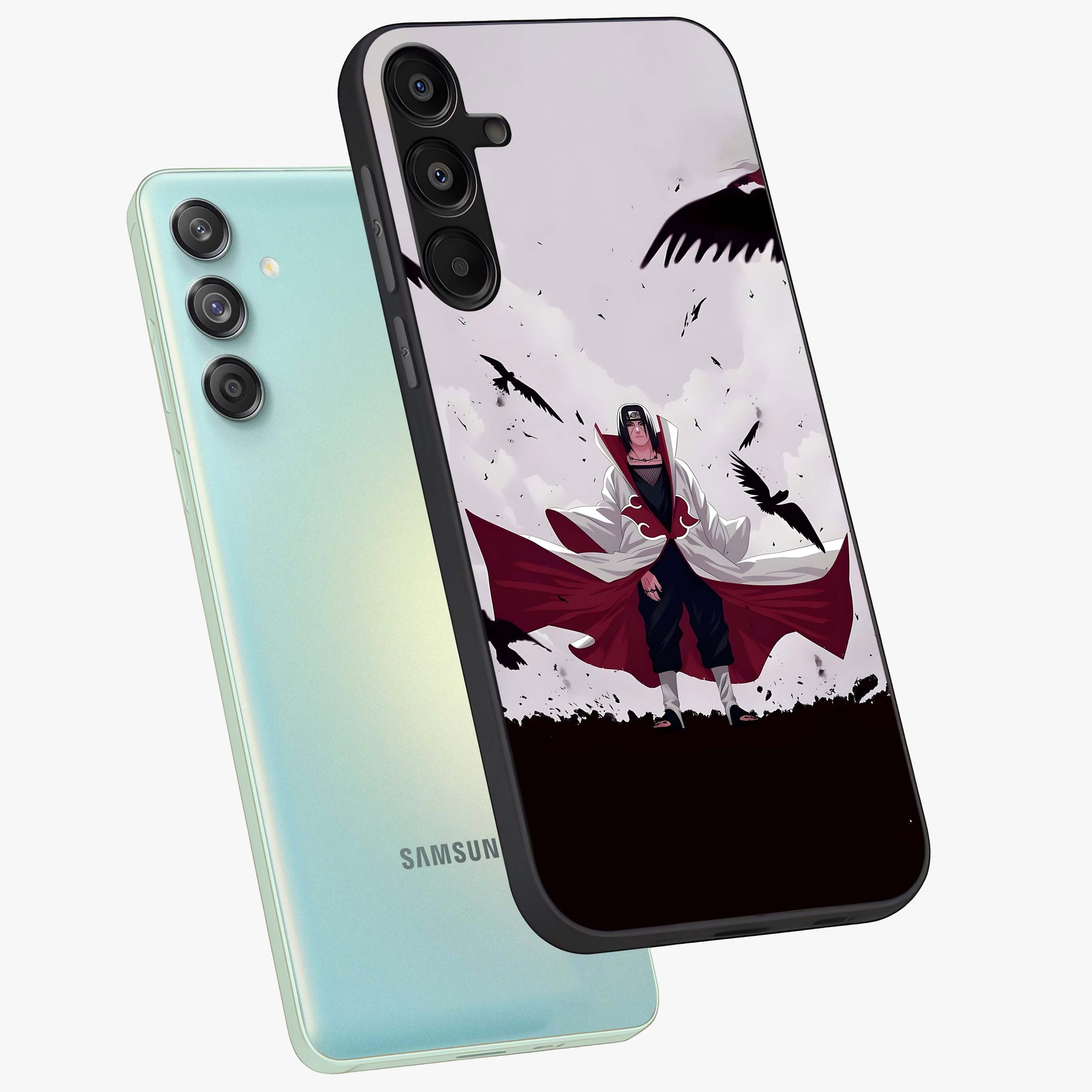 Crimson Crow Ascension Glass Case displayed in angled mockup highlighting powerful crow illustration with dark crimson aesthetic.