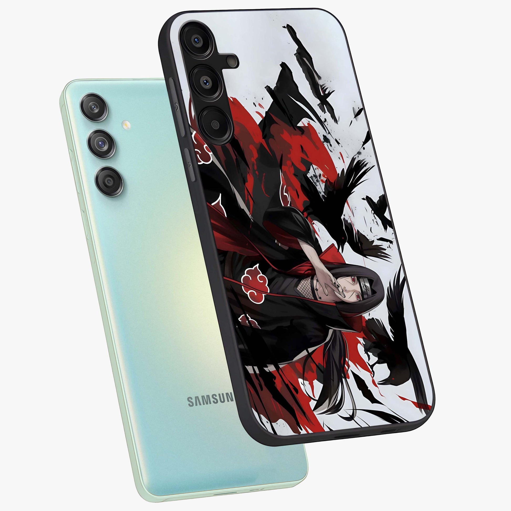 Crimson Crow Illusion Glass Case displayed in angled mockup highlighting mysterious crow graphic with dark aesthetic style.
