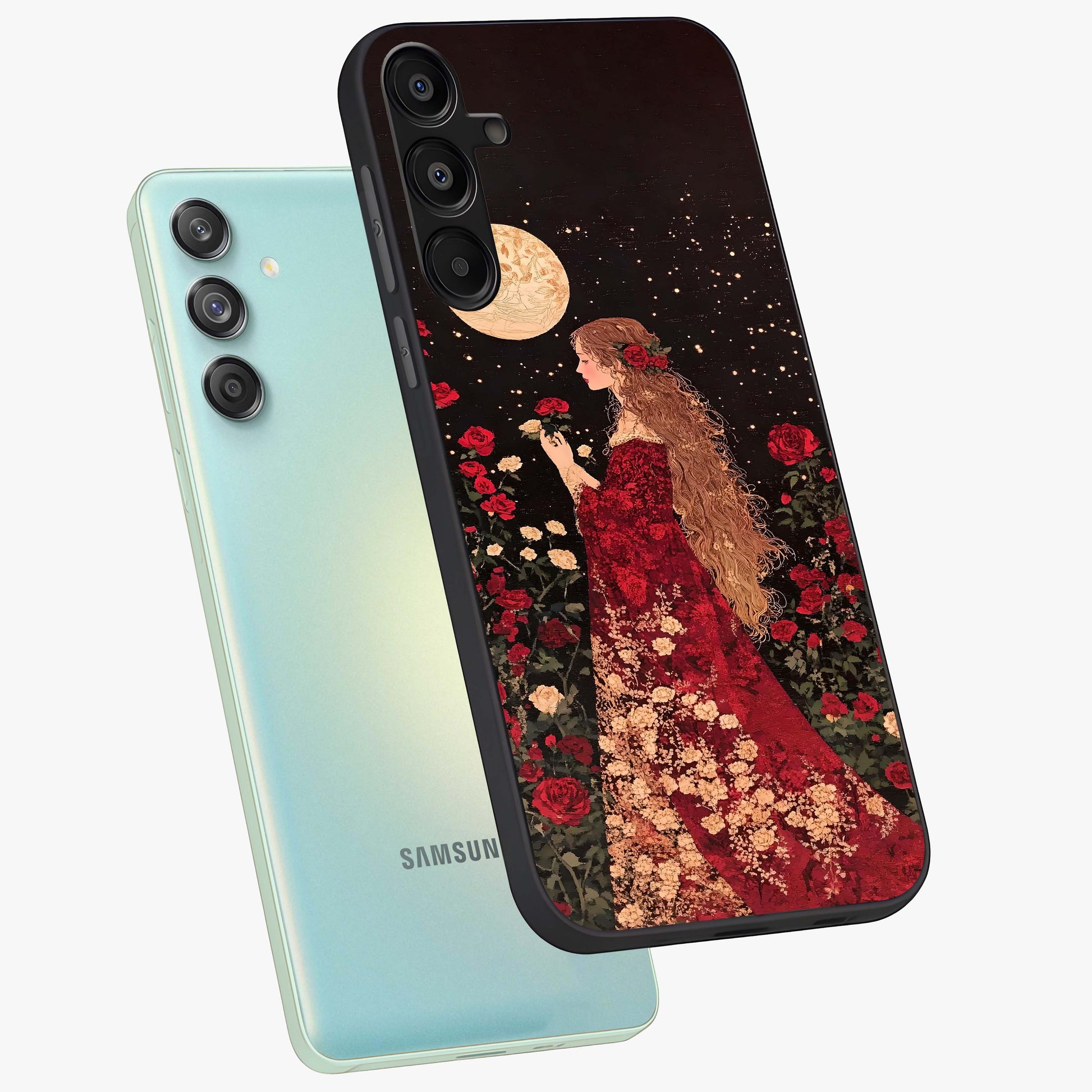 Crimson Dreams Glass Case displayed in angled mockup highlighting soft crimson aesthetic design with artistic theme.