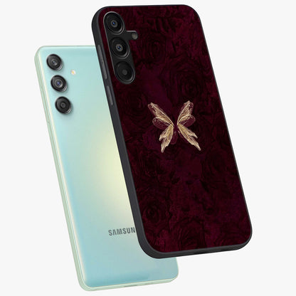 Crimson Fade Butterfly Glass Case displayed in angled mockup highlighting elegant butterfly design with crimson gradient aesthetic.