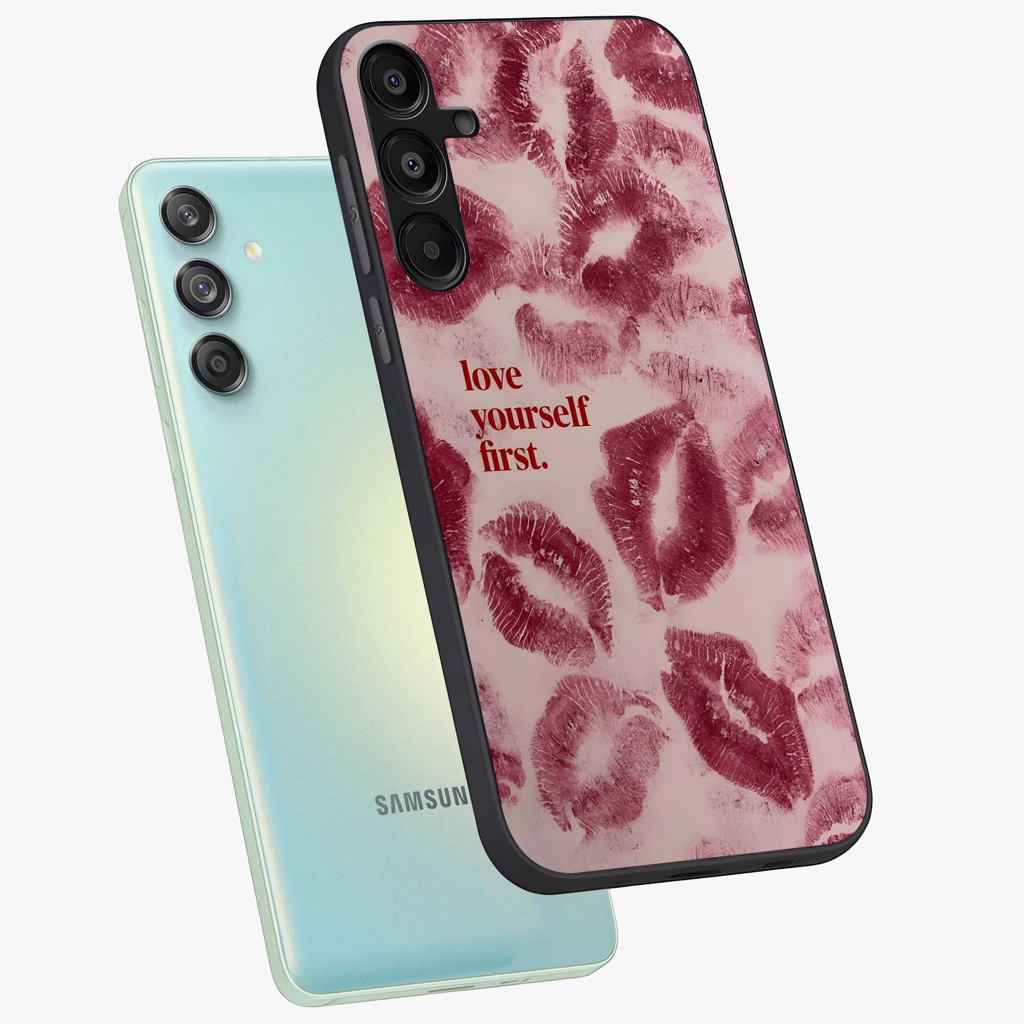 Crimson Kiss Love Glass Case displayed in angled mockup highlighting bold love inspired design with modern aesthetic style.