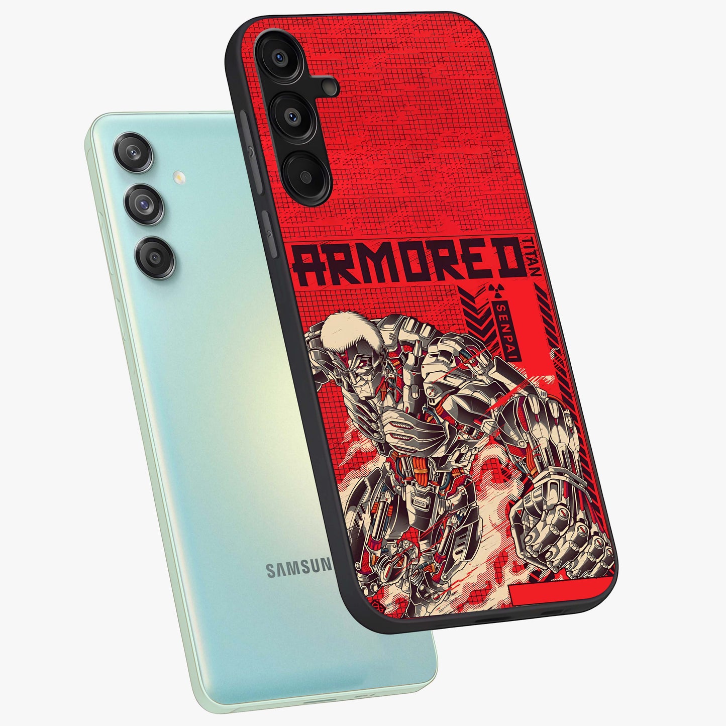 Crimson Mecha Titan Glass Case displayed in angled mockup highlighting futuristic mech illustration with bold crimson aesthetic.
