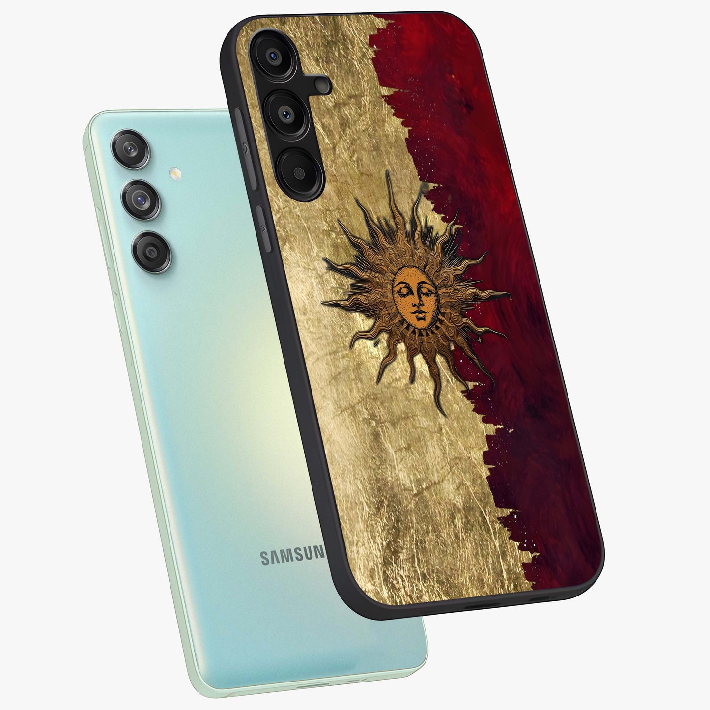Crimson Sun Majesty Glass Case displayed in angled mockup highlighting majestic crimson sun design with bold aesthetic style.