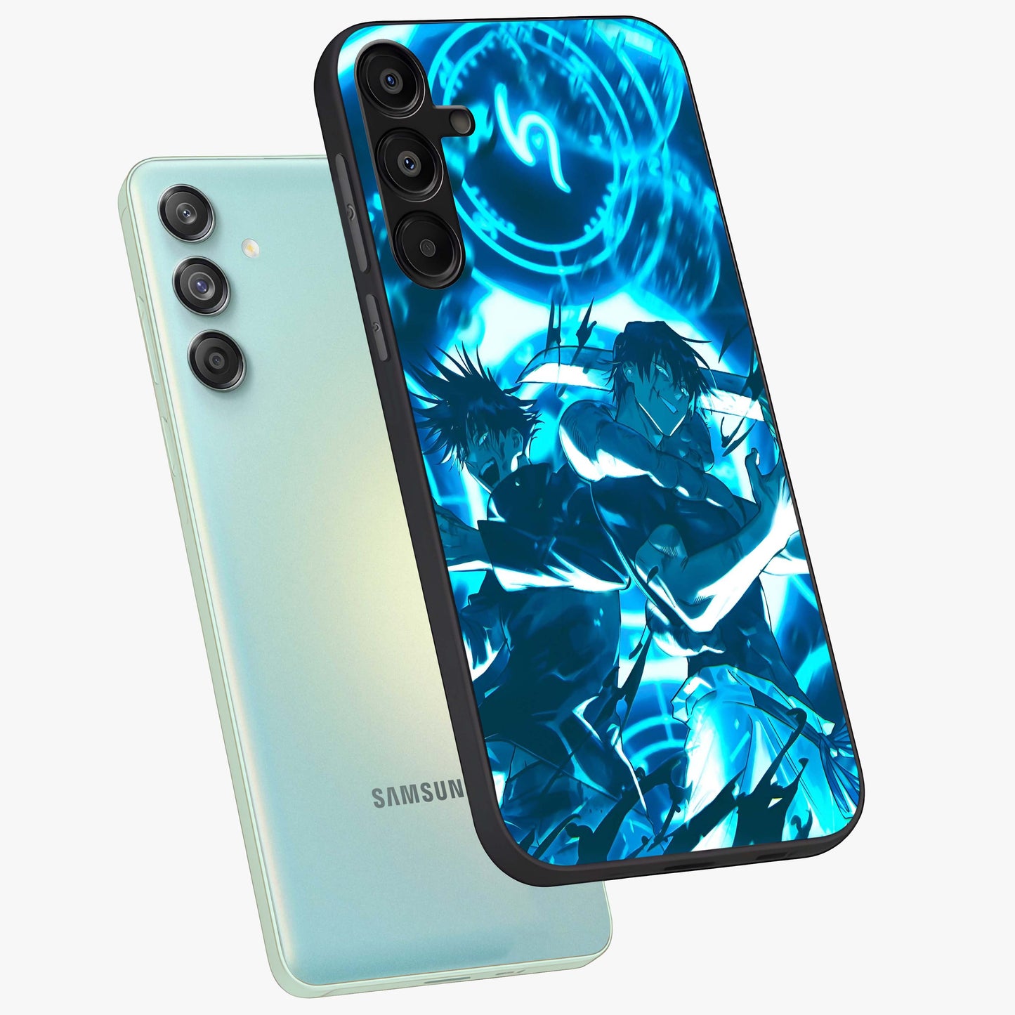 Cursed Energy Clash Glass Case displayed in angled mockup highlighting powerful battle inspired graphic with anime style aesthetic.