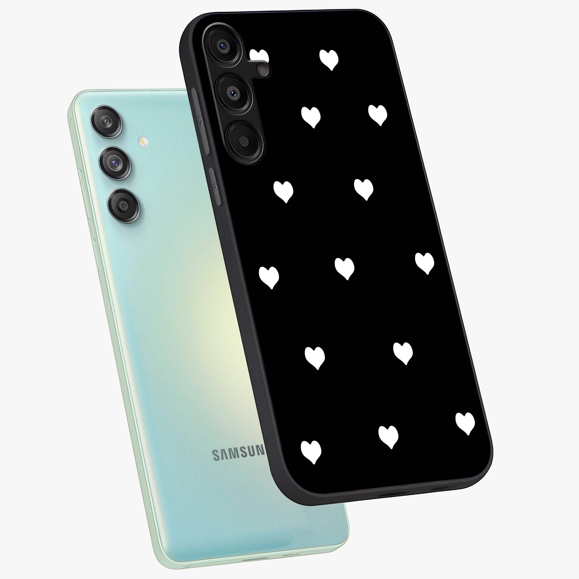Cute And Simple White Hearts Glass Case displayed in angled mockup highlighting cute heart design with clean aesthetic style.