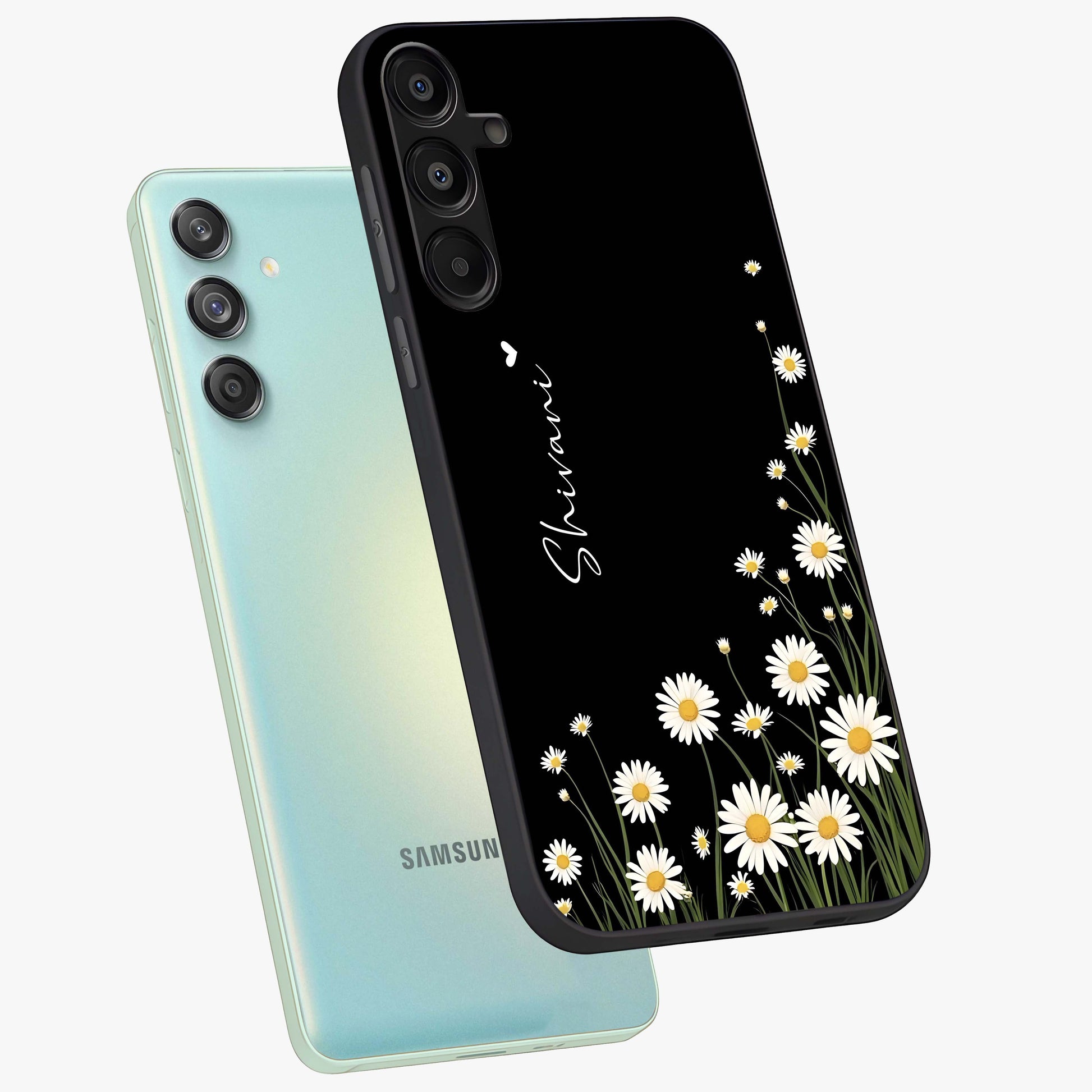 Daisy Cascade Custom Name Glass Case displayed in angled mockup highlighting delicate daisy artwork with custom name feature.