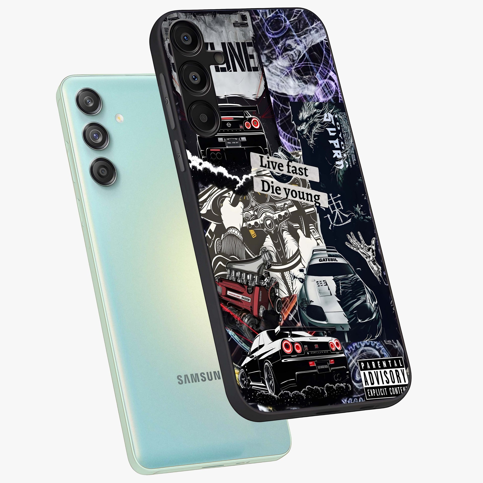 Die Young Glass Case displayed in angled mockup highlighting expressive graphic artwork with edgy aesthetic style.