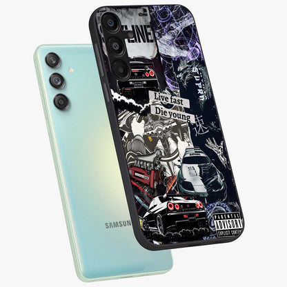 Die Young Glass Case displayed in angled mockup highlighting expressive graphic artwork with edgy aesthetic style.