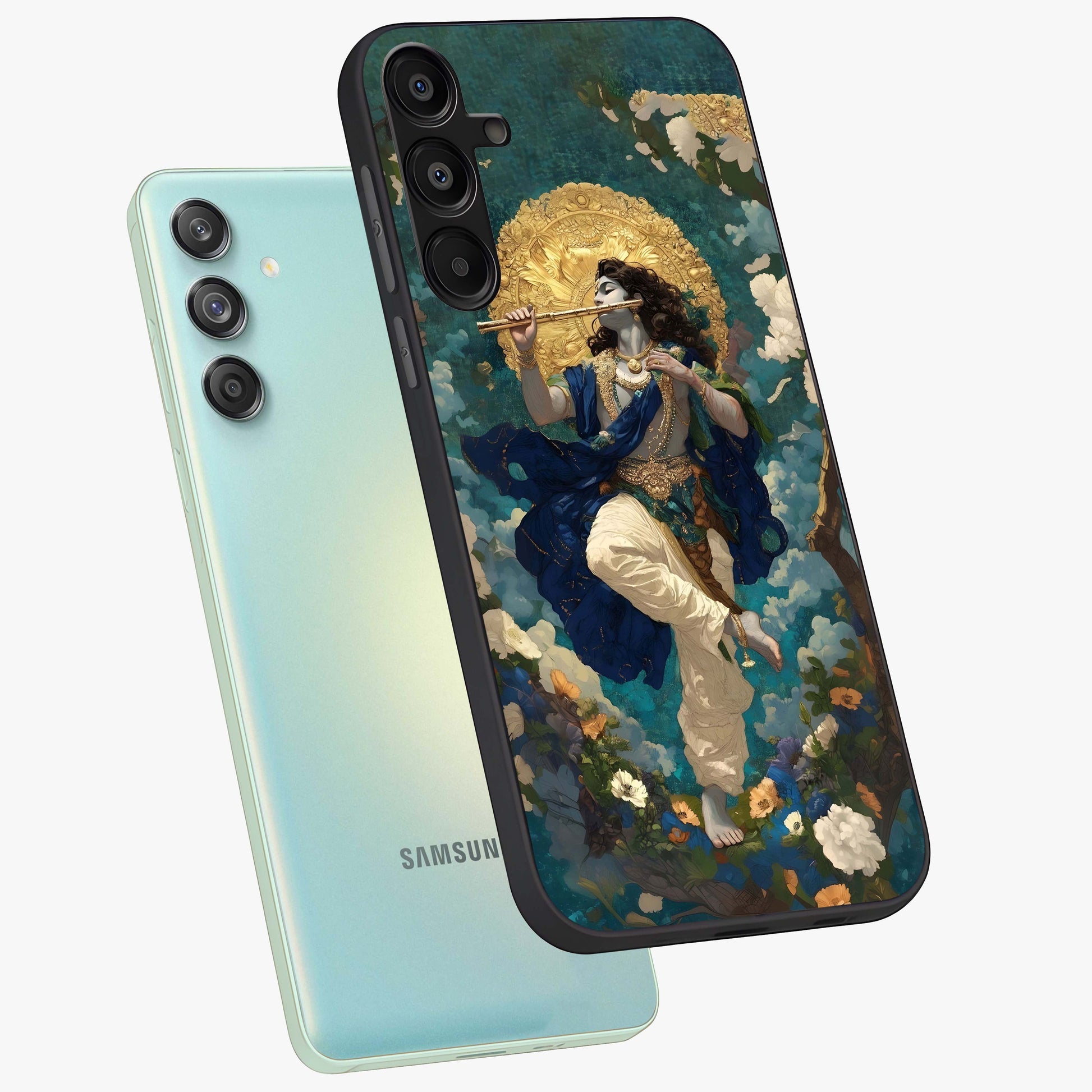 Divine Krishna Art Glass Case displayed in angled mockup highlighting spiritual Krishna illustration with devotional aesthetic.