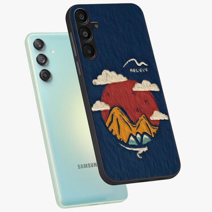Dream Beyond Mountains Glass Case displayed in angled mockup highlighting dreamy mountain illustration with peaceful aesthetic.