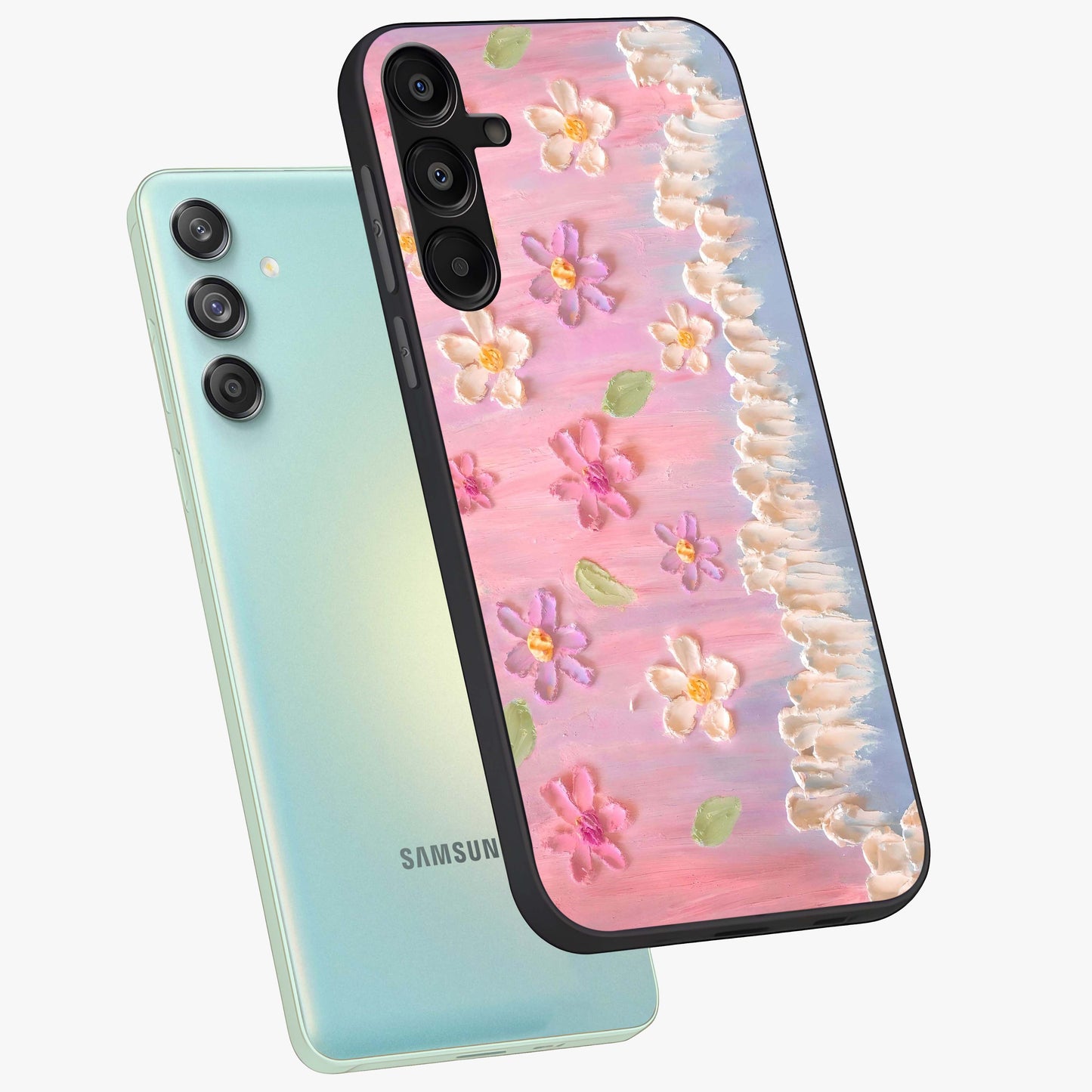 Dreamy Painted Garden Glass Case displayed in angled mockup highlighting colorful garden illustration with dreamy aesthetic style.