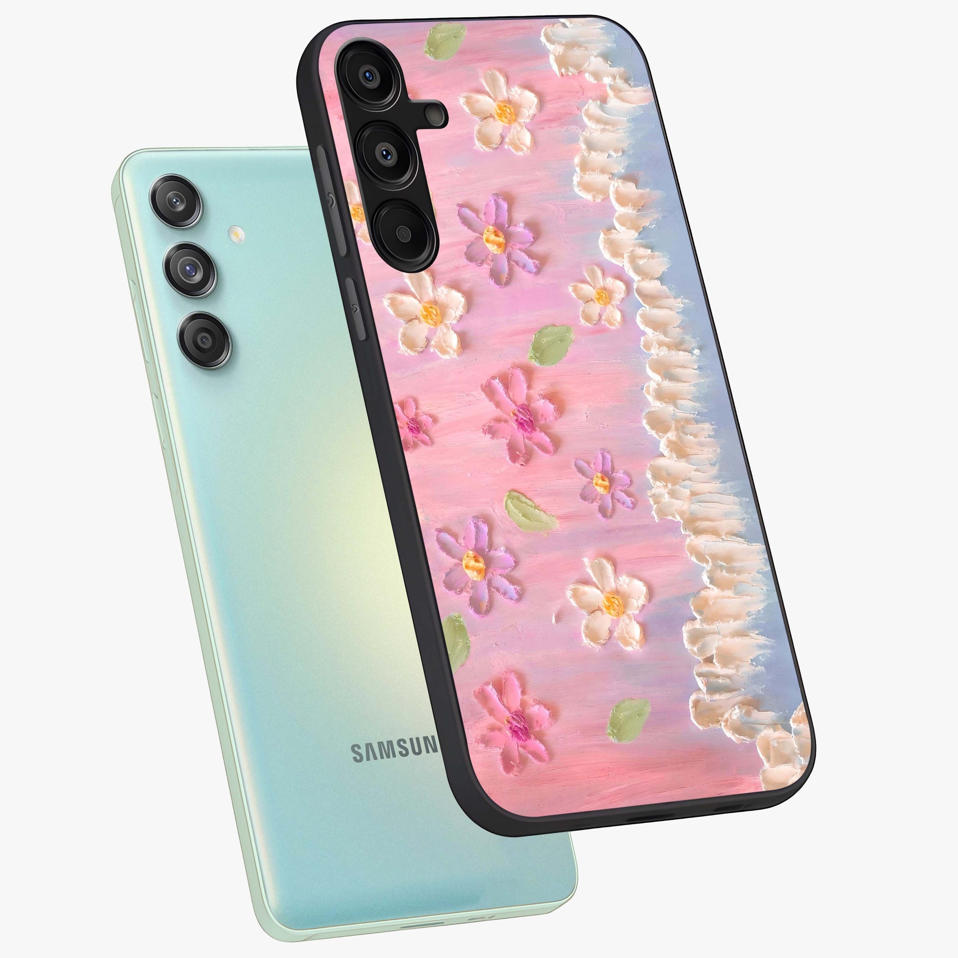 Dreamy Painted Garden Glass Case displayed in angled mockup highlighting colorful garden illustration with dreamy aesthetic style.