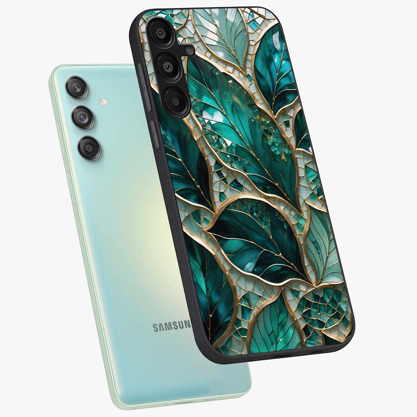 Emerald Leaf Glass Glass Case displayed in angled mockup highlighting botanical leaf illustration with elegant natural aesthetic.