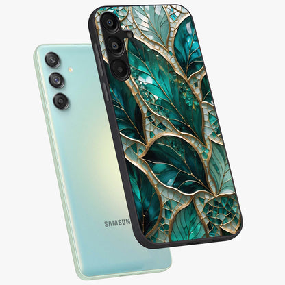 Emerald Leaf Glass Glass Case displayed in angled mockup highlighting botanical leaf illustration with elegant natural aesthetic.