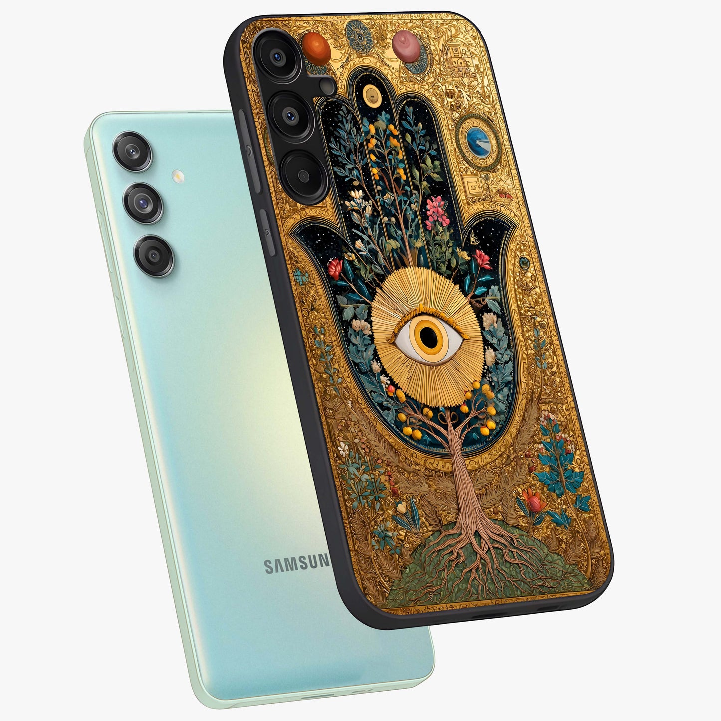 Ethereal Evil Eye Glass Case displayed in angled mockup highlighting protective evil eye symbol with spiritual aesthetic design.