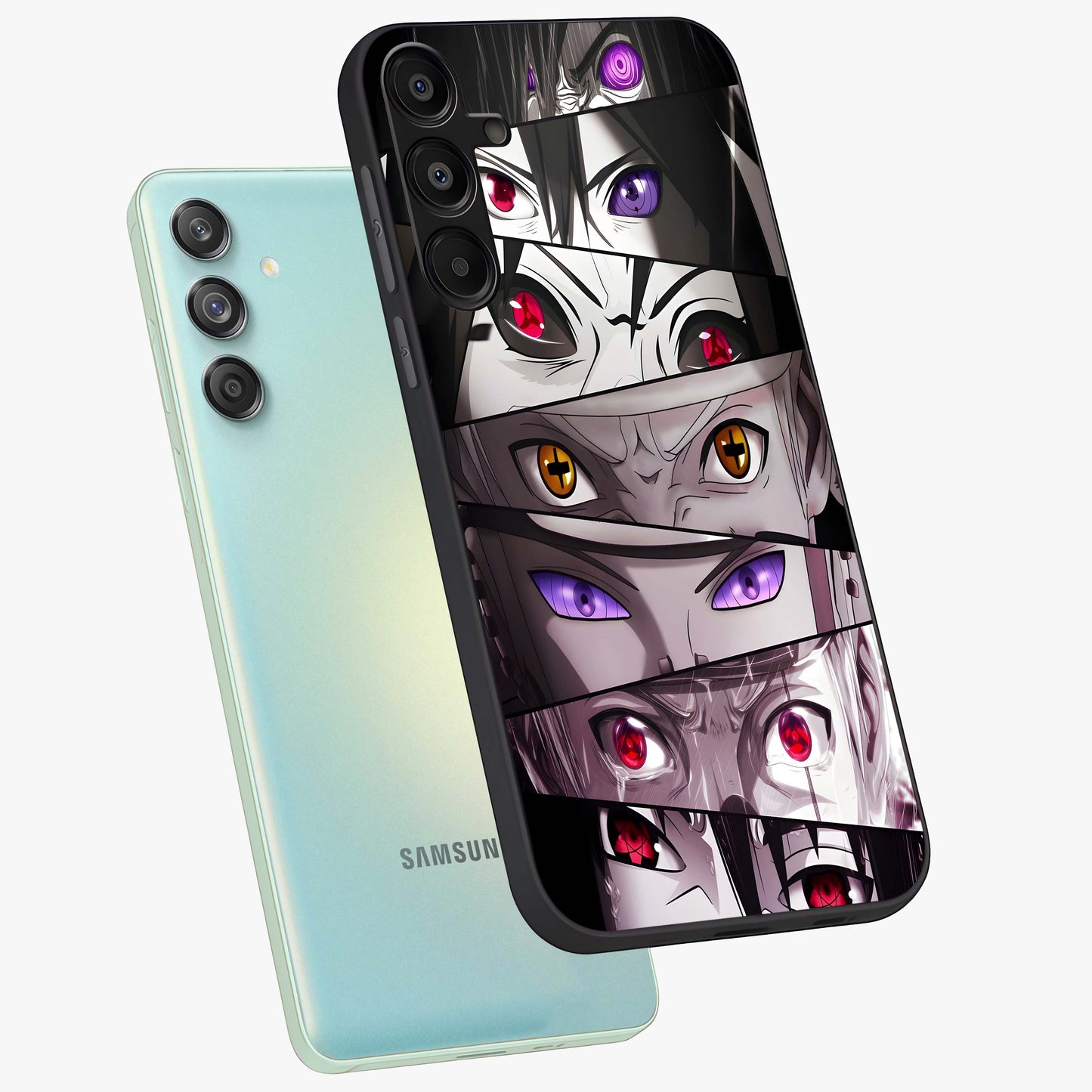 Eyes of Destiny Glass Case displayed in angled mockup highlighting bold eye illustration with mystical aesthetic style.