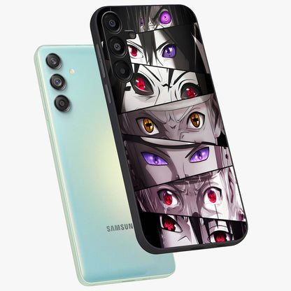 Eyes of Destiny Glass Case displayed in angled mockup highlighting bold eye illustration with mystical aesthetic style.