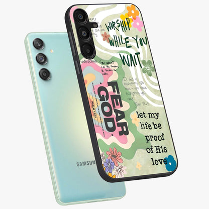 Faith Over Fear Glass Case displayed in angled mockup highlighting inspirational message design with modern aesthetic style.