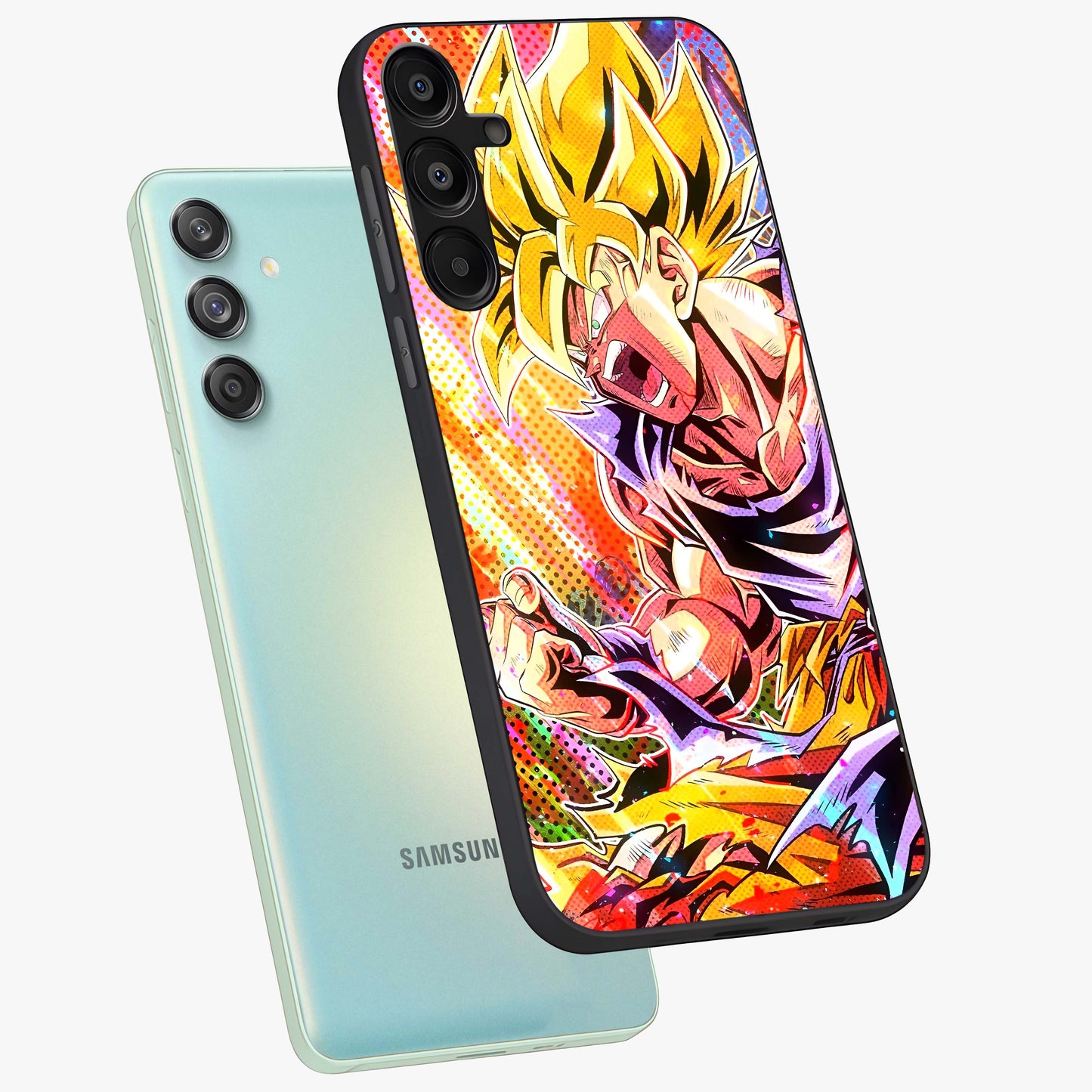 Firing Goku Glass Case displayed in angled mockup highlighting dynamic anime character design with action aesthetic.