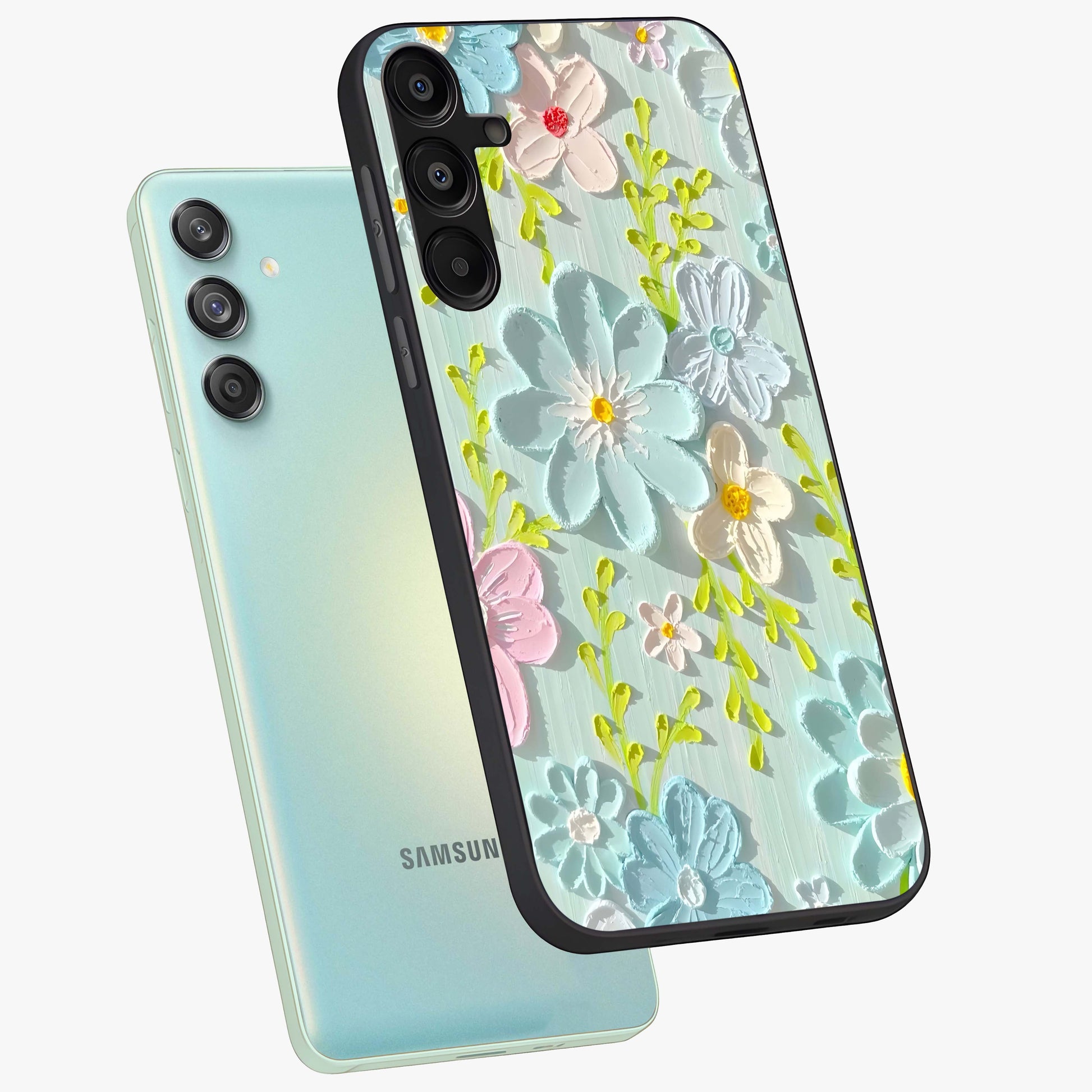 Frosted Petal Garden Glass Case displayed in angled mockup highlighting delicate flower petal design with calm garden aesthetic.