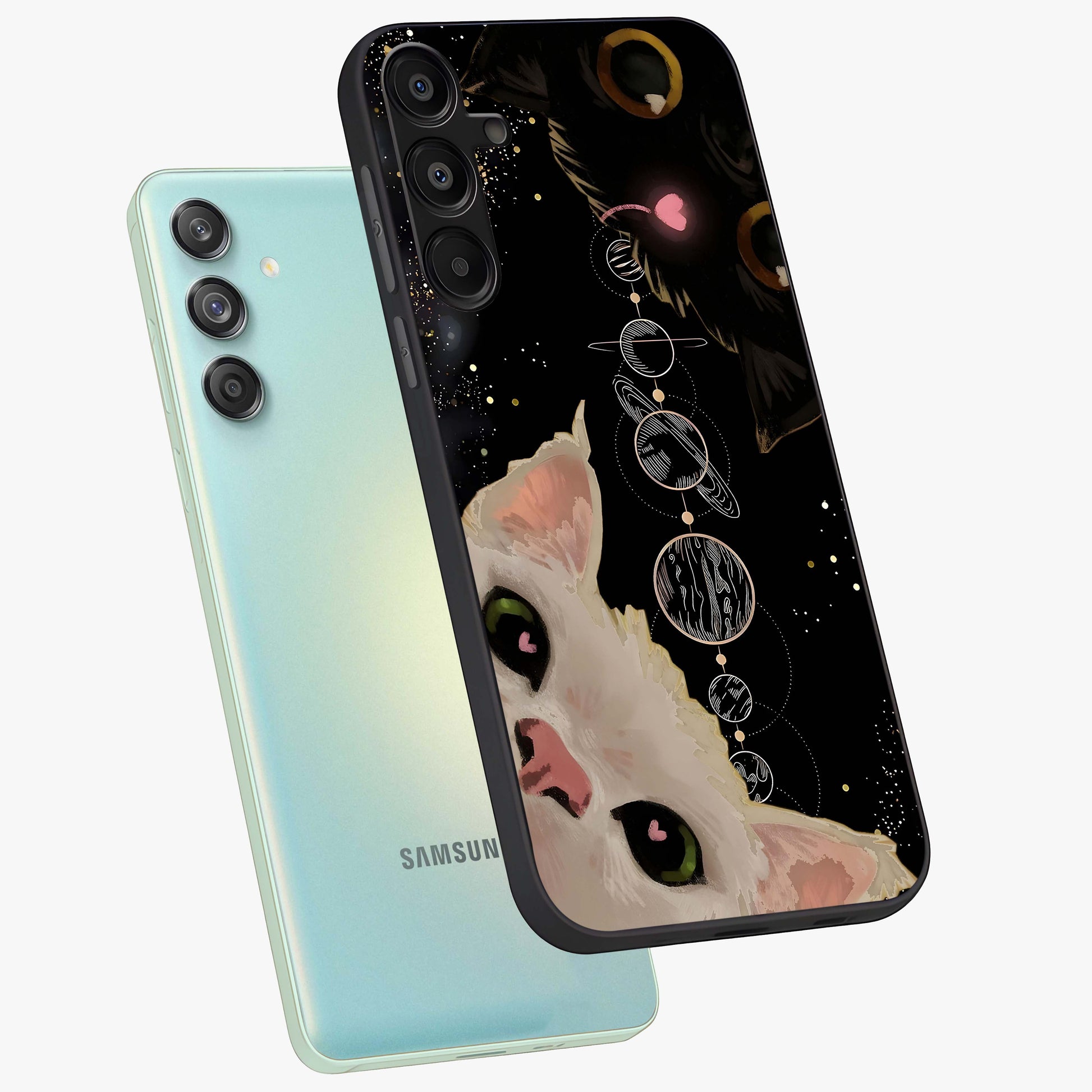 Galactic Cat Glass Case displayed in angled mockup highlighting celestial feline illustration with galaxy aesthetic style.
