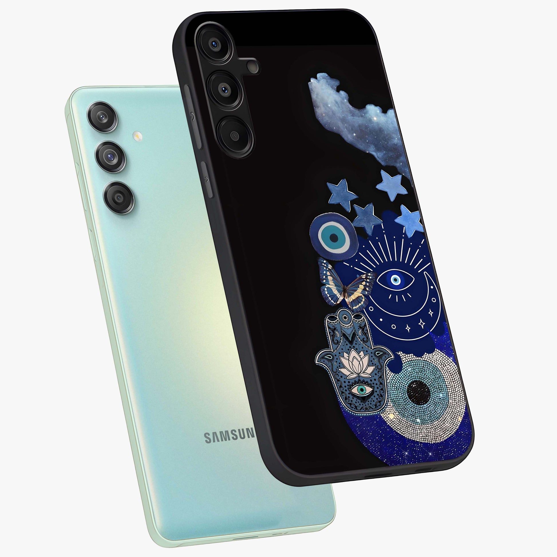 Galactic Charm Cluster Glass Case displayed in angled mockup highlighting luminous galaxy inspired design with dreamy aesthetic.