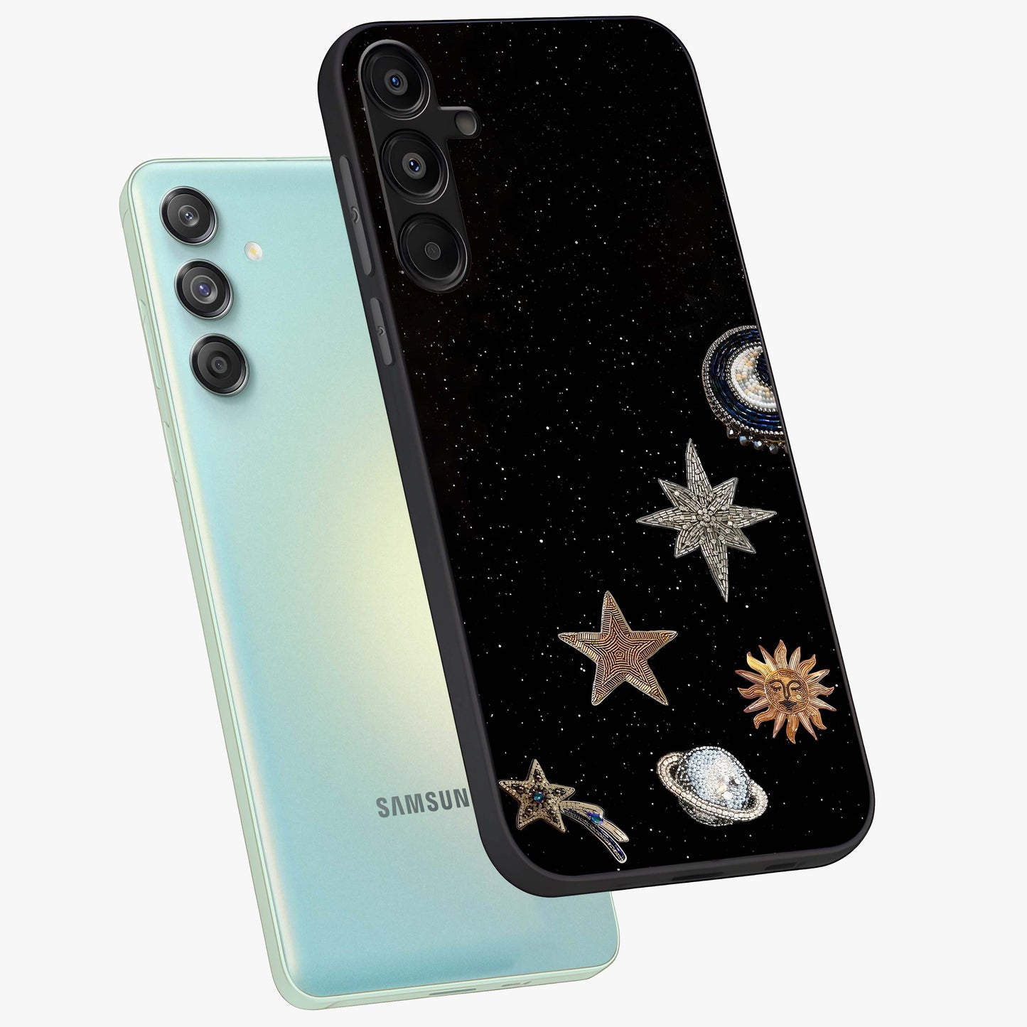 Galactic Charm Glow Glass Case displayed in angled mockup highlighting luminous galaxy inspired design with dreamy aesthetic.
