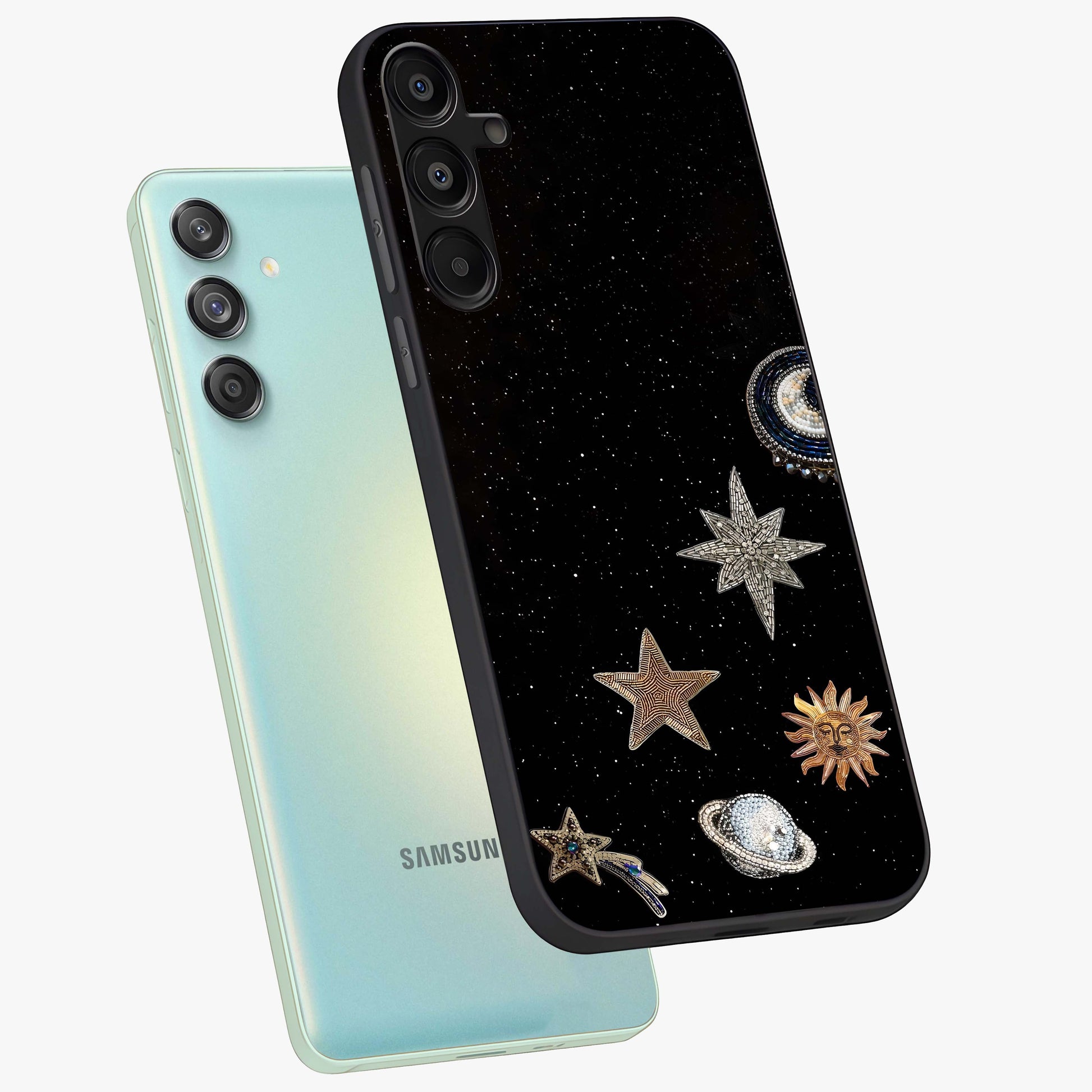 Galactic Charm Glow Glass Case displayed in angled mockup highlighting luminous galaxy inspired design with dreamy aesthetic.