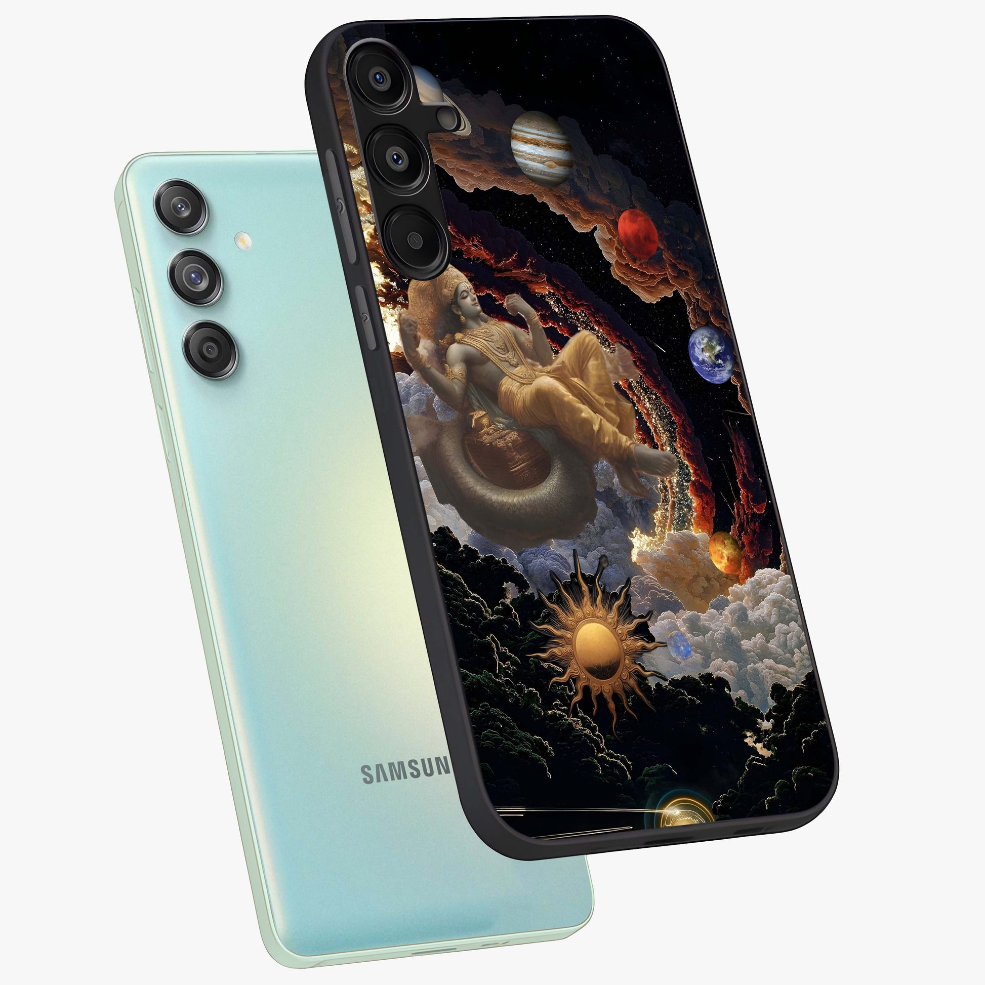 Galactic Divine God Glass Case displayed in angled mockup highlighting powerful celestial deity illustration with galactic aesthetic.