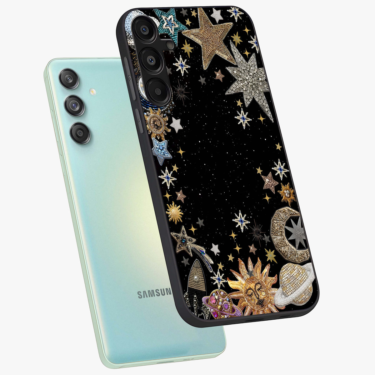 Galactic Jewel Stars Glass Case displayed in angled mockup highlighting shining celestial star design with cosmic aesthetic style.