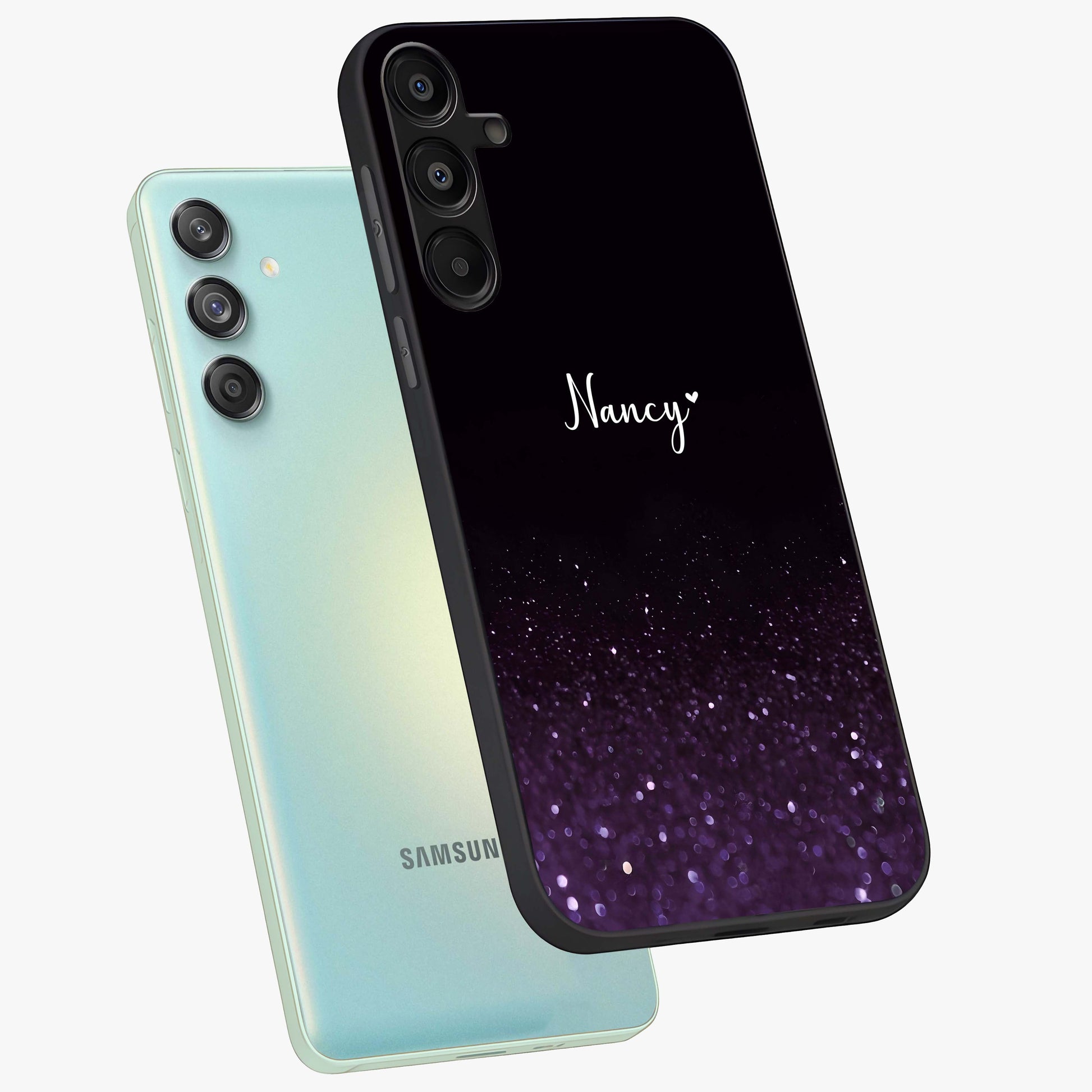 Glittery Purple Bokeh Custom Name Glass Case displayed in angled mockup highlighting glitter bokeh pattern with custom name feature.