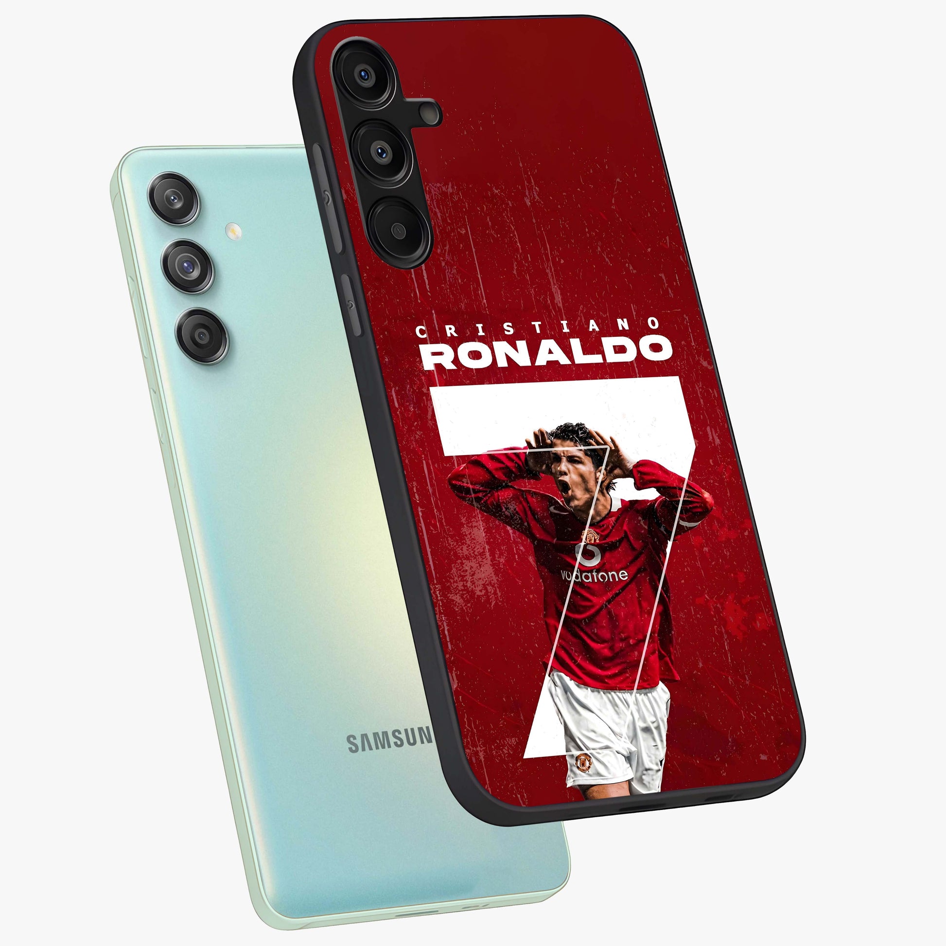 Goal Celebration Legacy Glass Case displayed in angled mockup highlighting energetic sports celebration design with bold athletic theme.