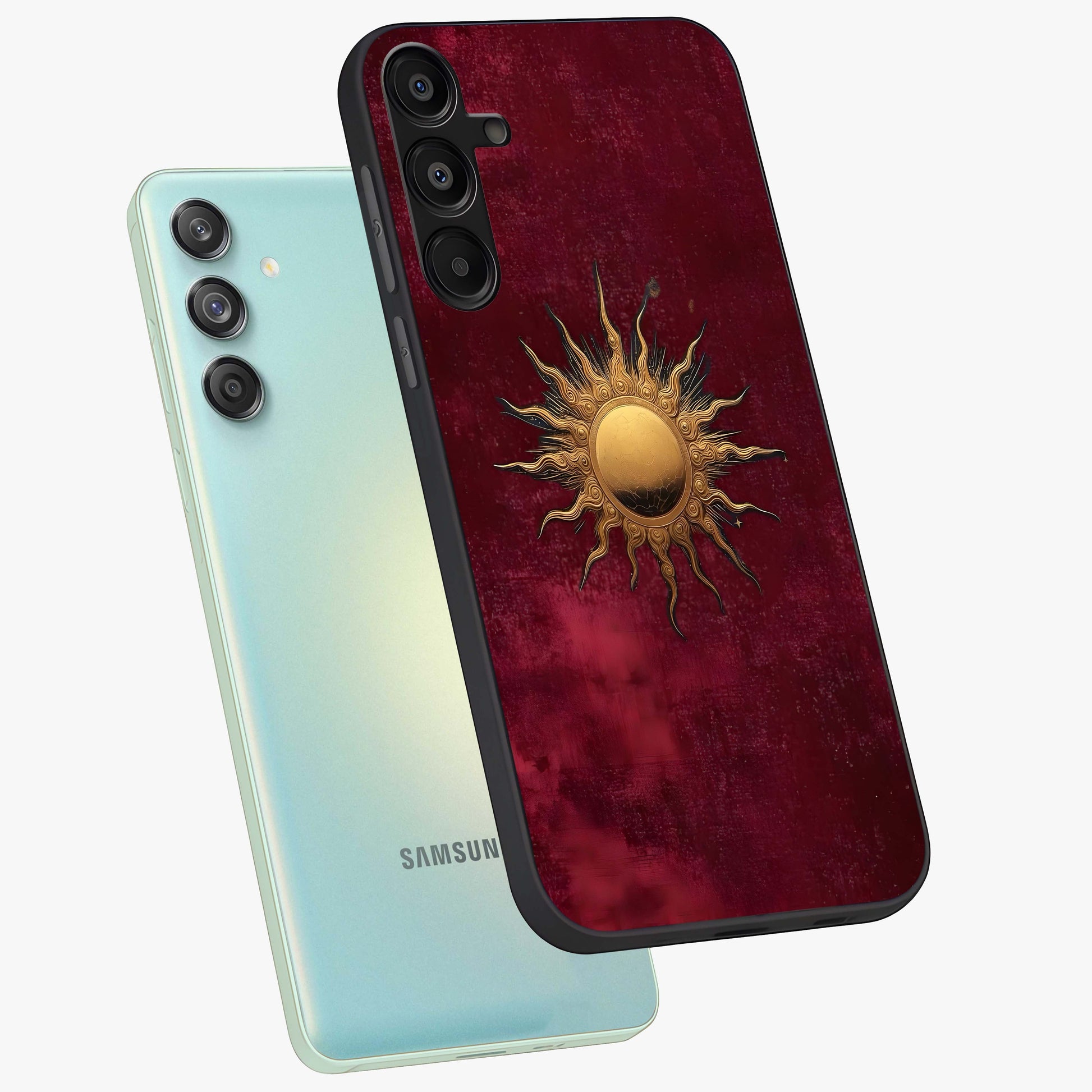 Golden Sun Minimalism Glass Case displayed in angled mockup highlighting clean sun symbol design with modern minimal aesthetic.