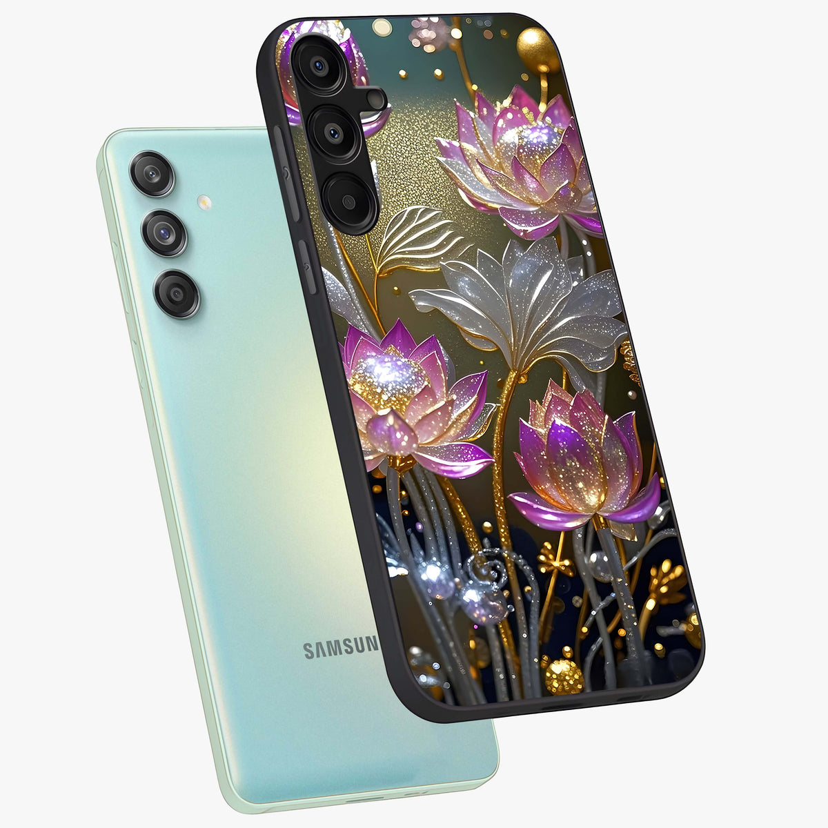 Golden Floral Majesty Glass Case displayed in angled mockup highlighting elegant flower design with royal golden aesthetic.
