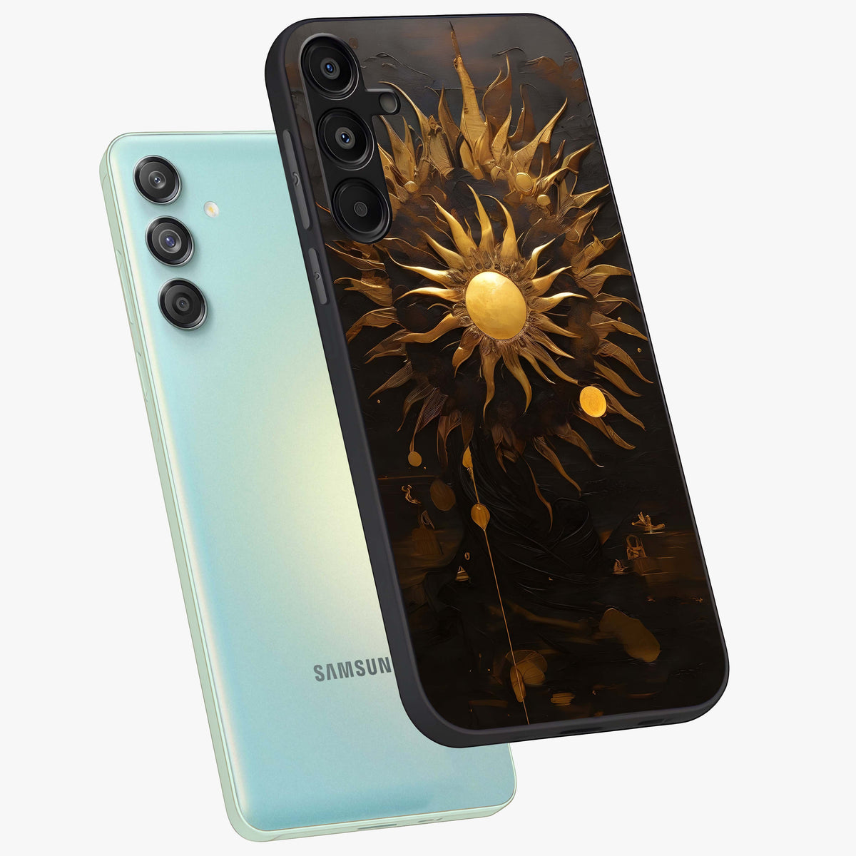 Golden Sun Majesty Glass Case displayed in angled mockup highlighting eerie shadow illustration with gothic aesthetic.