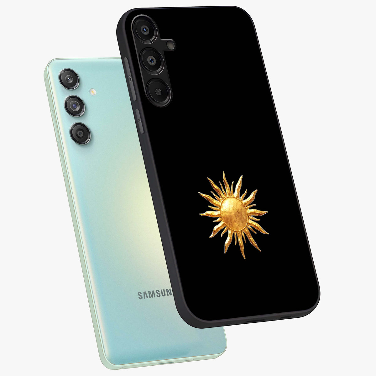 Golden Sun Minimalism Glass Case displayed in angled mockup highlighting eerie shadow illustration with gothic aesthetic.
