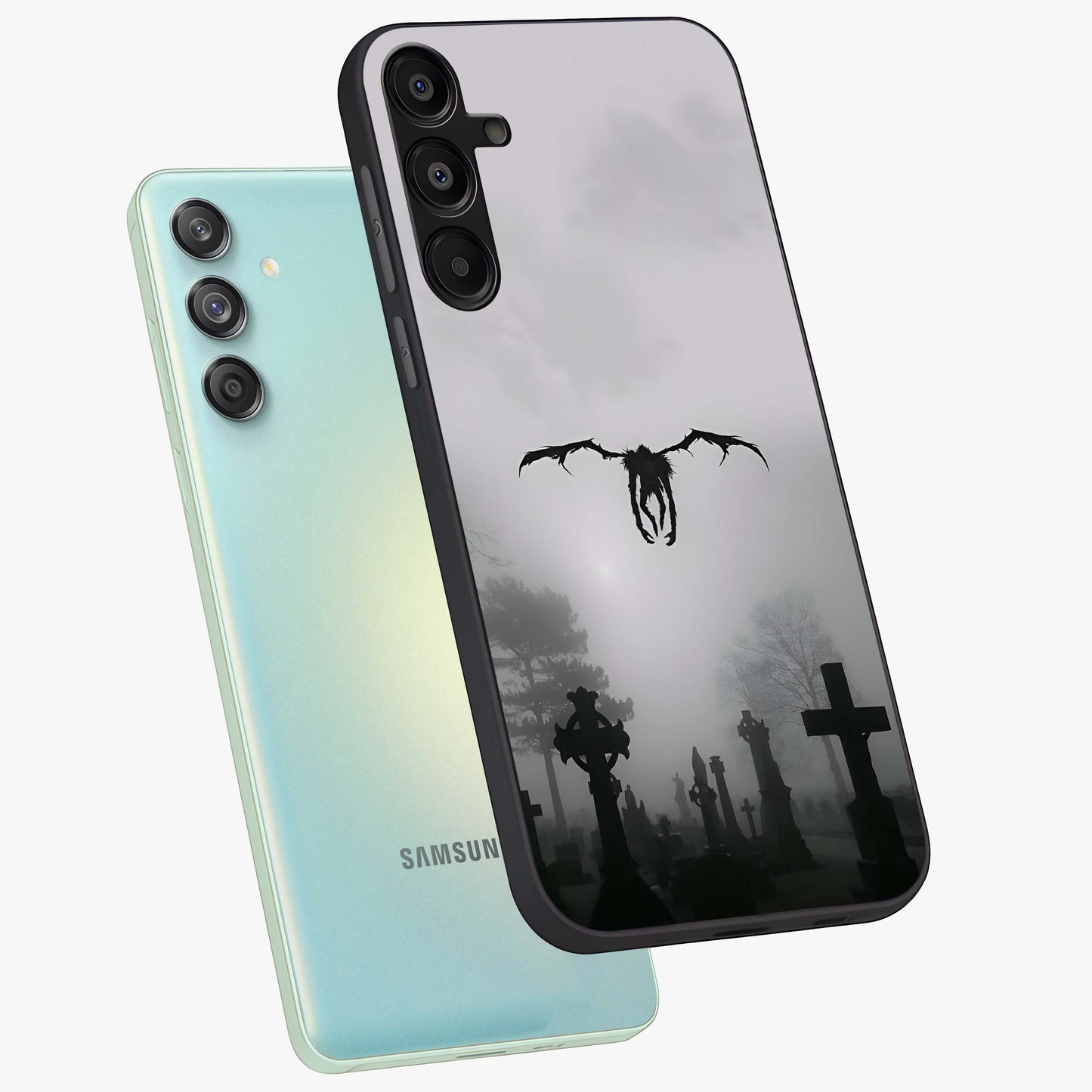Graveyard Shadow Descent Glass Case displayed in angled mockup highlighting eerie shadow illustration with gothic aesthetic.