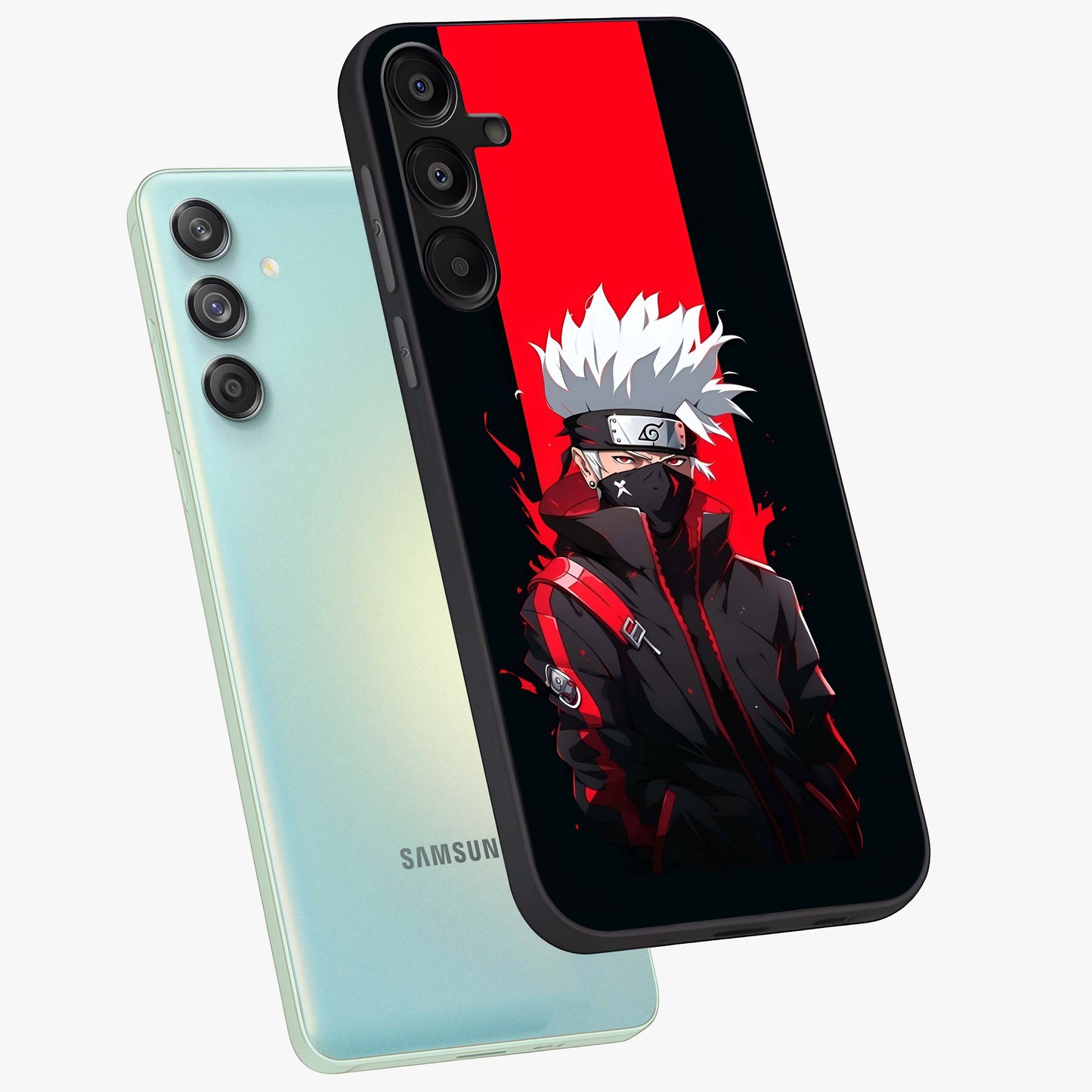 Kakashi Scarlet Shadow Glass Case displayed in angled mockup highlighting dramatic ninja illustration with scarlet themed aesthetic.