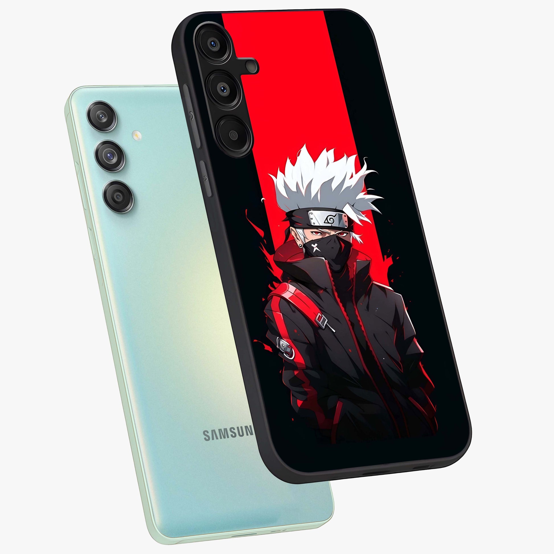 Kakashi Scarlet Shadow Glass Case displayed in angled mockup highlighting dramatic ninja illustration with scarlet themed aesthetic.