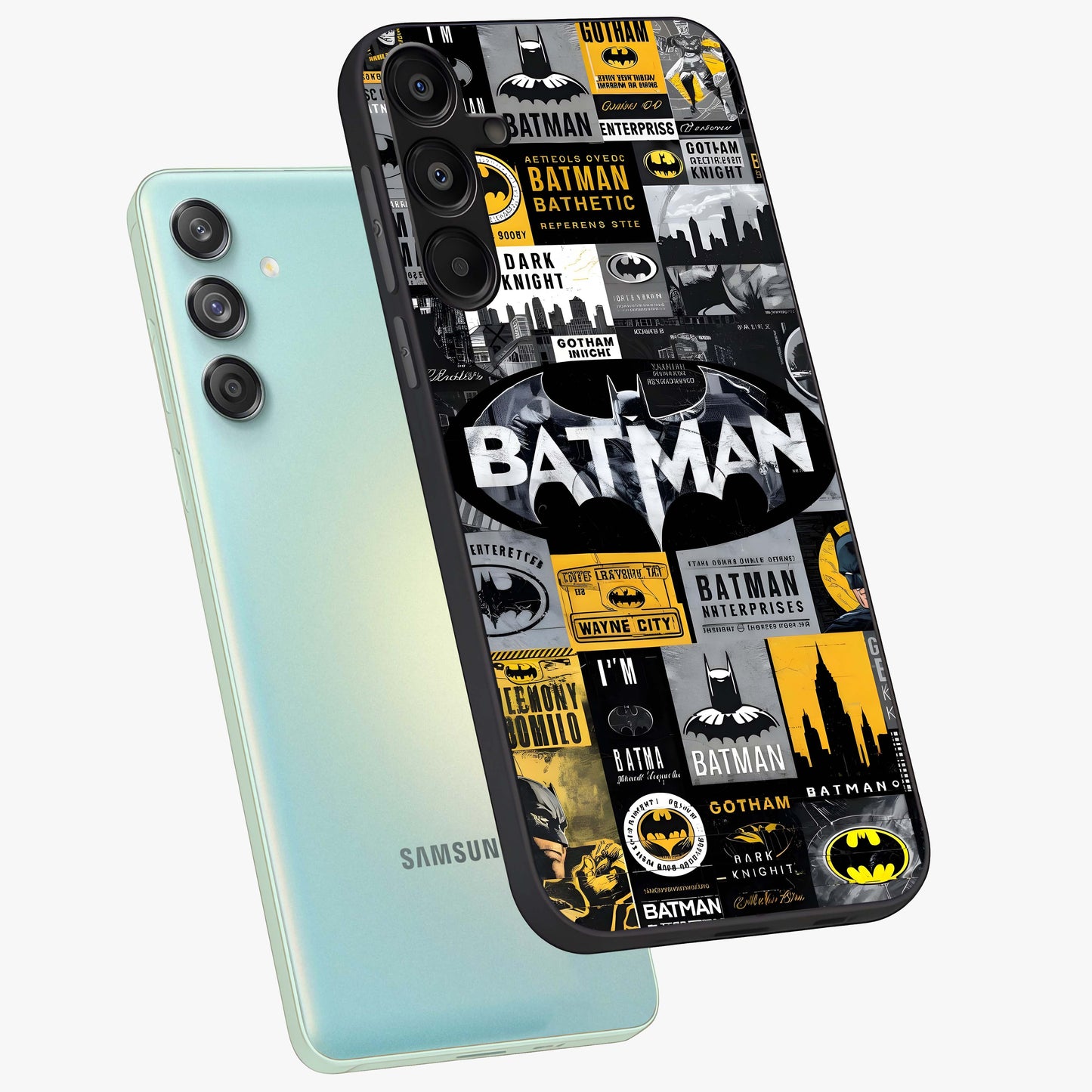 Knight Gotham Rise Glass Case displayed in angled mockup highlighting powerful knight silhouette design with dramatic aesthetic.