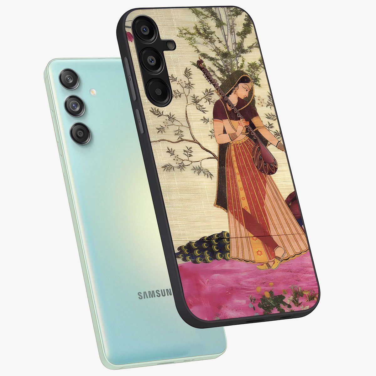 Lady With Veena Art Glass Case displayed in angled mockup highlighting graceful musical illustration with cultural artistic aesthetic.