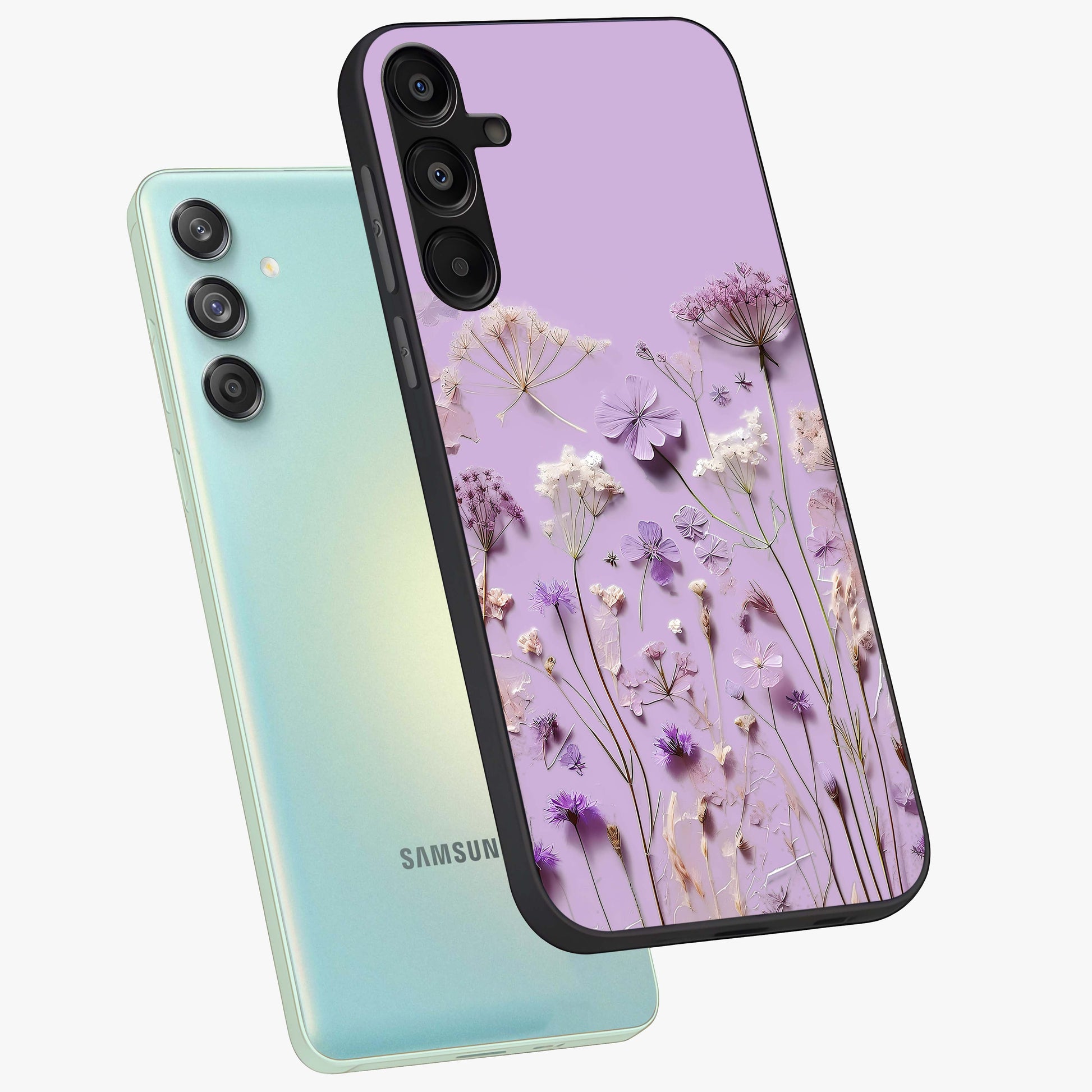 Lavender Blossom Dream Glass Case displayed in angled mockup highlighting dreamy lavender flower design with calming aesthetic style.