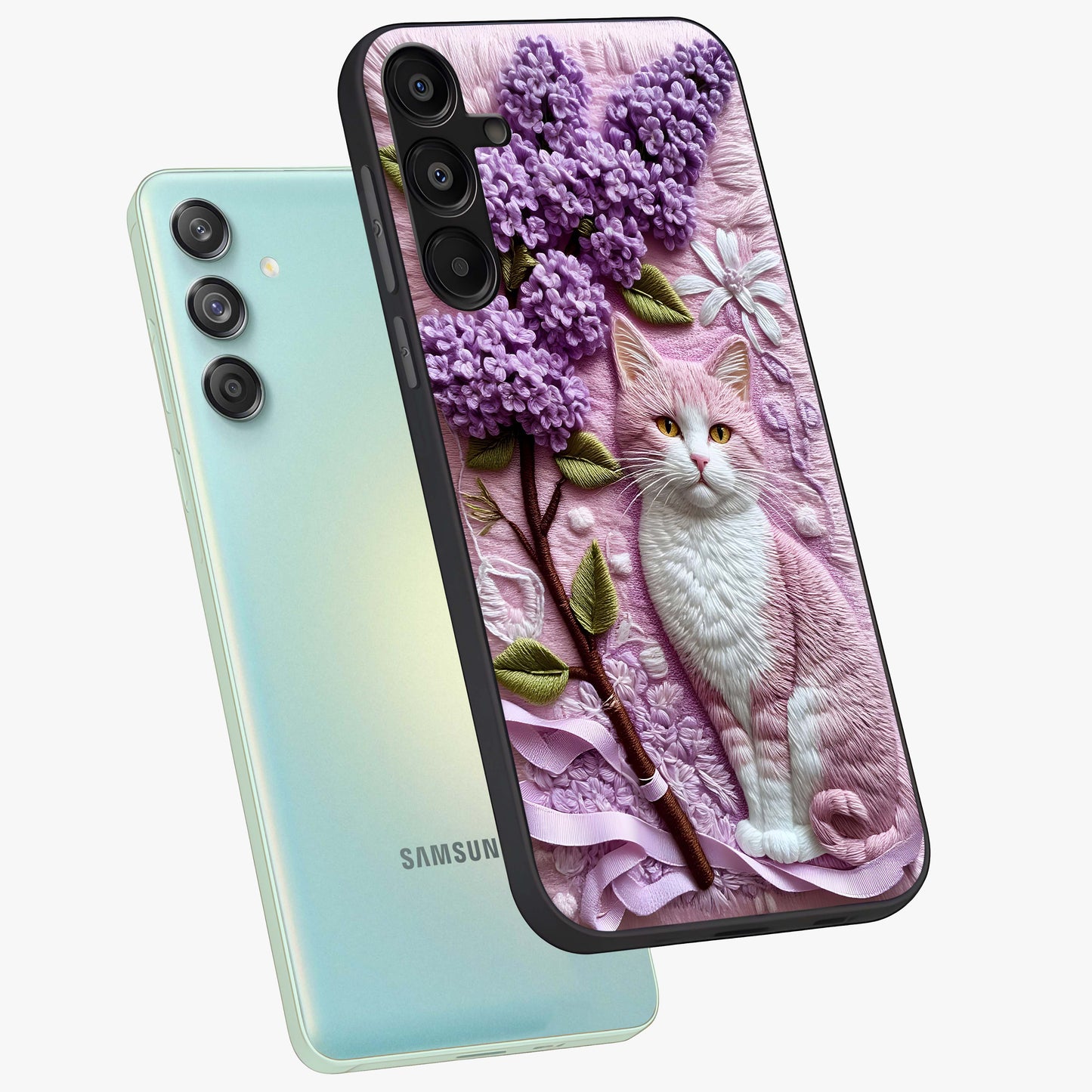 Lavender Cat Whimsy Glass Case displayed in angled mockup highlighting playful feline illustration with pastel lavender aesthetic.