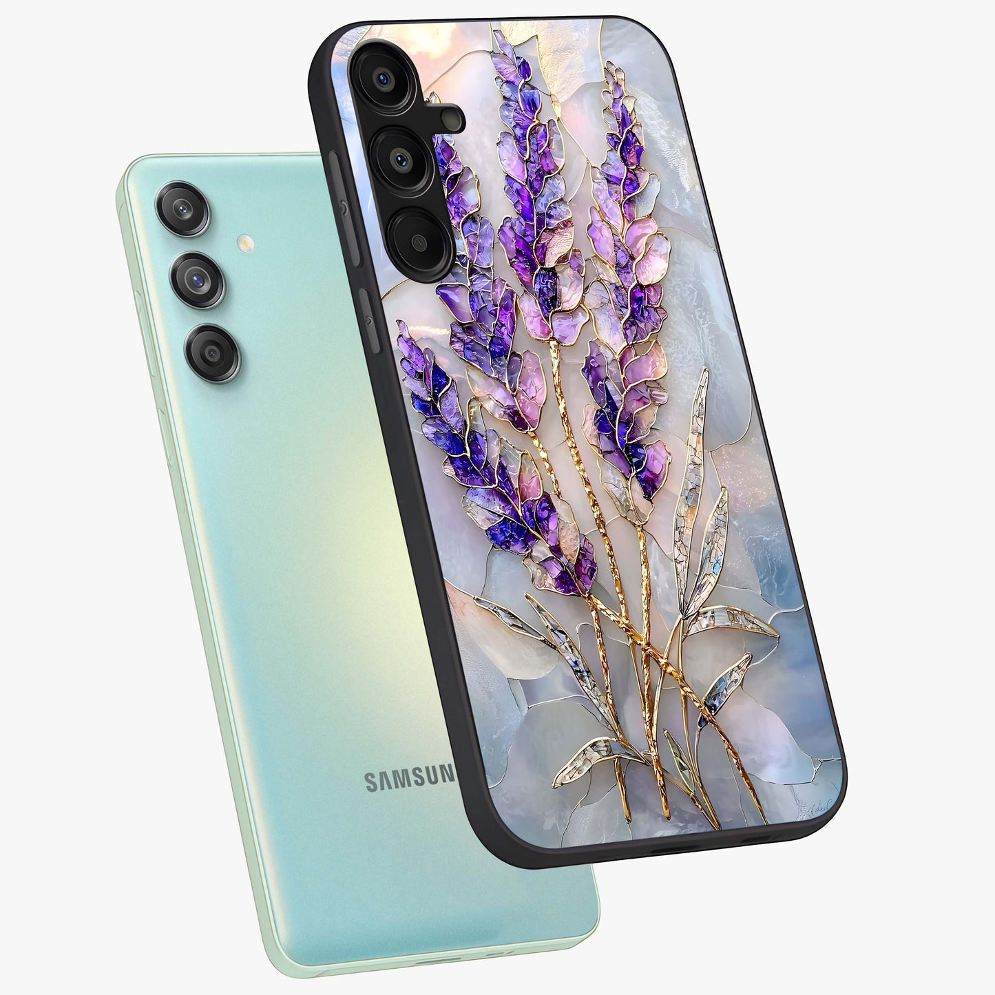 Lavender Dream Glow Glass Case displayed in angled mockup highlighting dreamy purple glow design with soft artistic style.