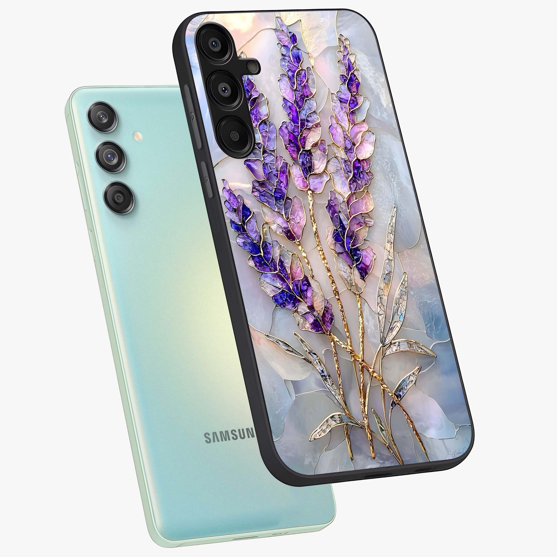 Lavender Dream Glow Glass Case displayed in angled mockup highlighting dreamy purple glow design with soft artistic style.