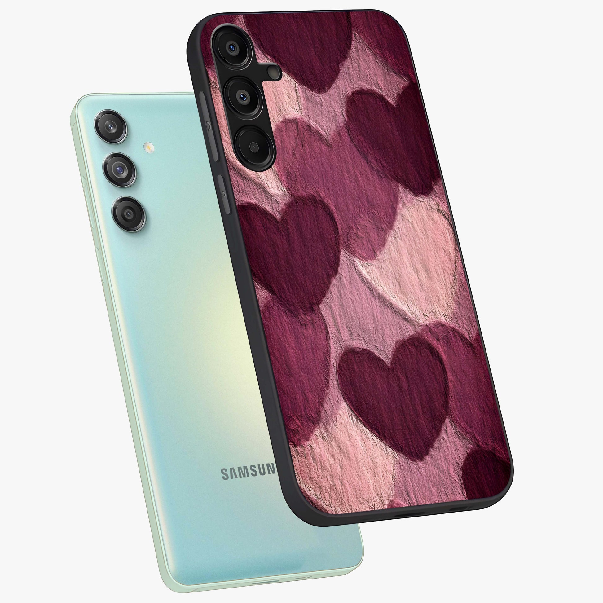 Layered Paper Hearts Glass Case displayed in angled mockup highlighting creative paper craft heart design with romantic aesthetic.