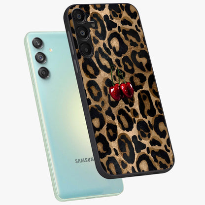 Leopard Wild Cherry Glass Case displayed in angled mockup highlighting bold animal print design with playful cherry aesthetic.